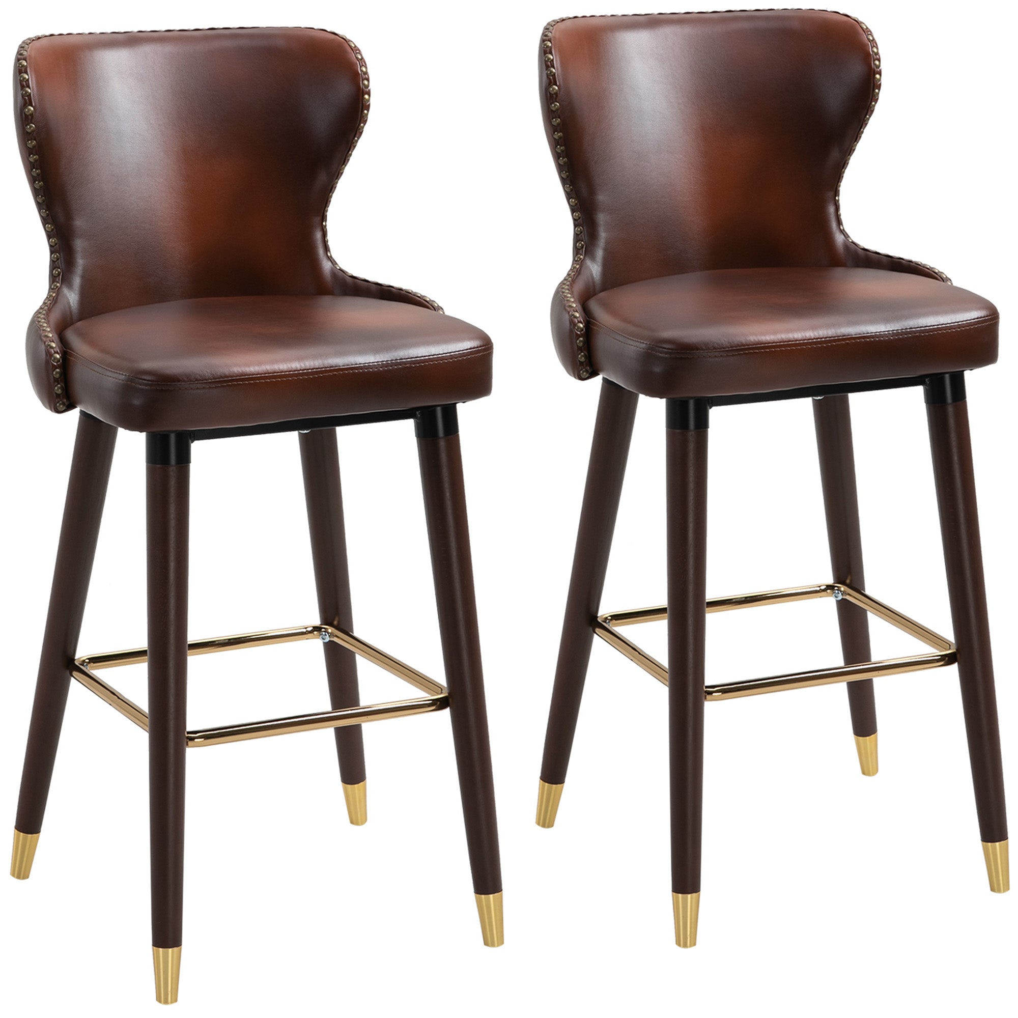 HOMCOM Bar Stools Set of 2, PU Leather Vintage Counter-Height Bar Chair, Luxury European Style Kitchen Stools with Back, Brown - North Peak Garden Furniture