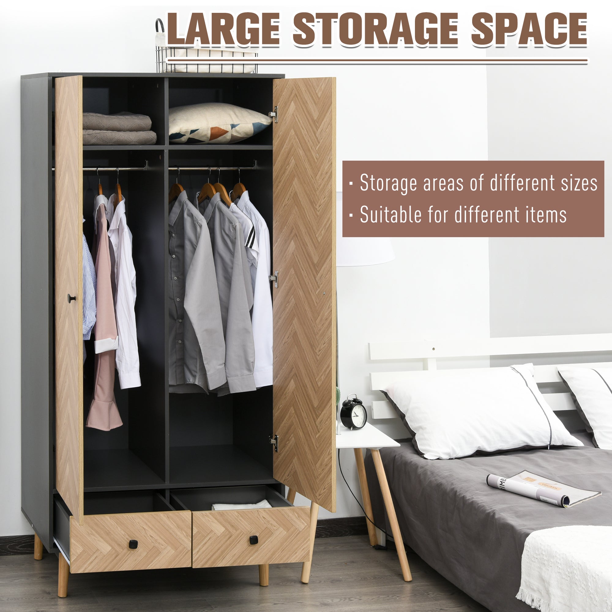 HOMCOM Modern Wardrobe Cabinet Wood Grain Sticker Surface with Shelf, Hanging Rod and 2 Drawers 90x50x190cm