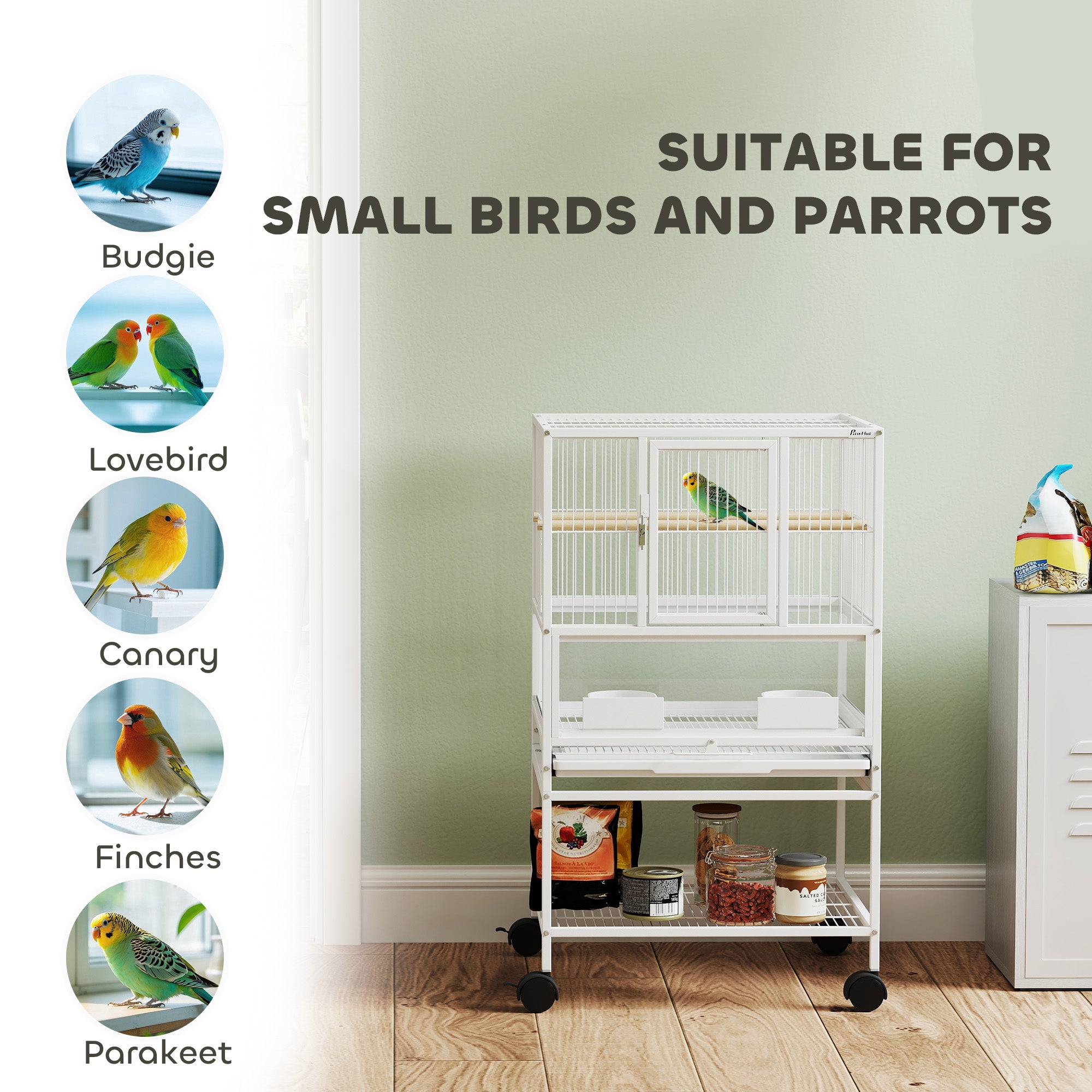 PawHut Bird Cage with Rolling Stand, Acrylic Viewing Panels, Storage Shelf, for Budgie, Parakeet, 48 x 46 x 83 cm - North Peak Garden Furniture