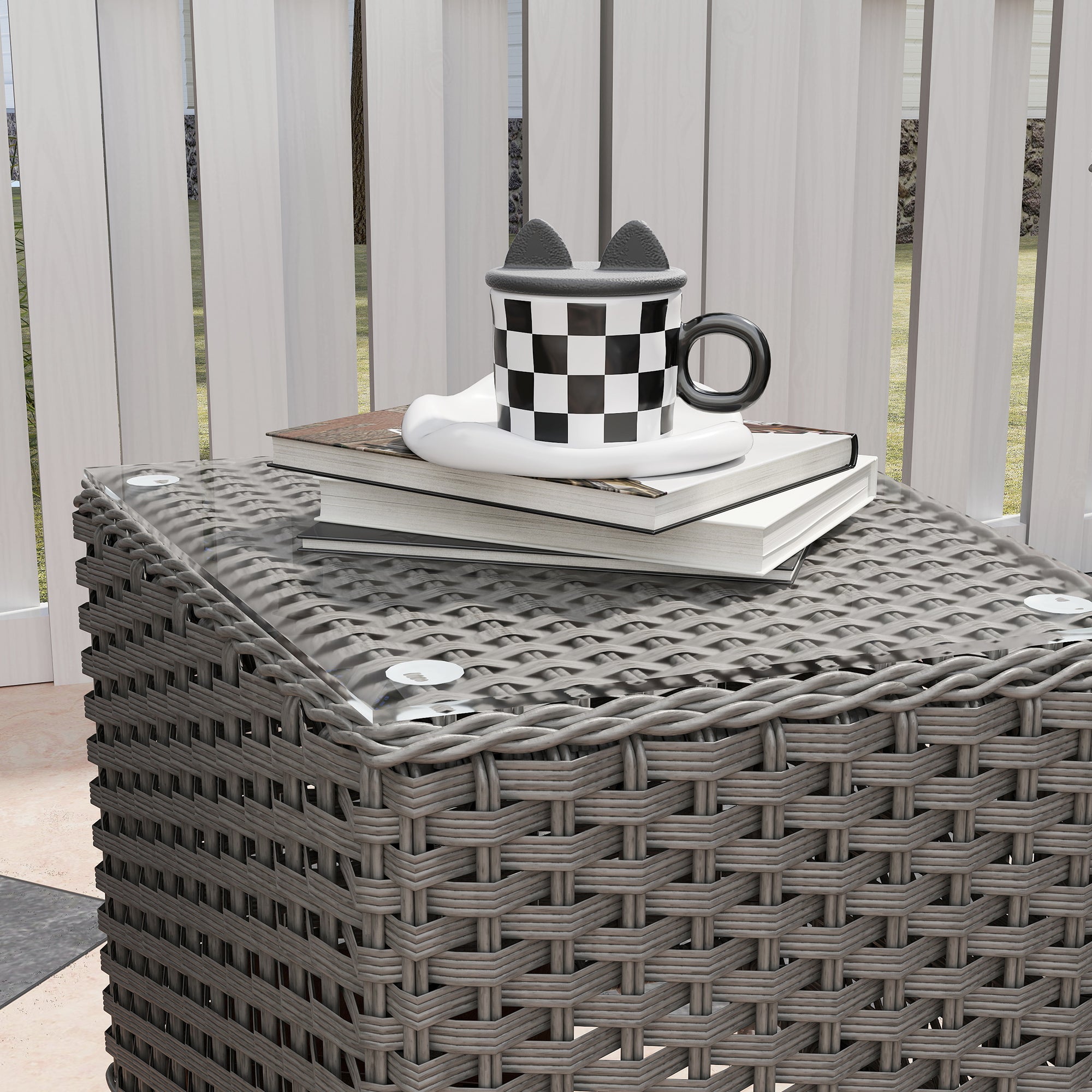 Outsunny 3 Pieces Rattan Bistro Set, Wicker Garden Bistro Set, Glass Top Balcony Table and Chairs with Cushions for Outdoor, Patio, Balcony, Light Grey - North Peak Garden Furniture