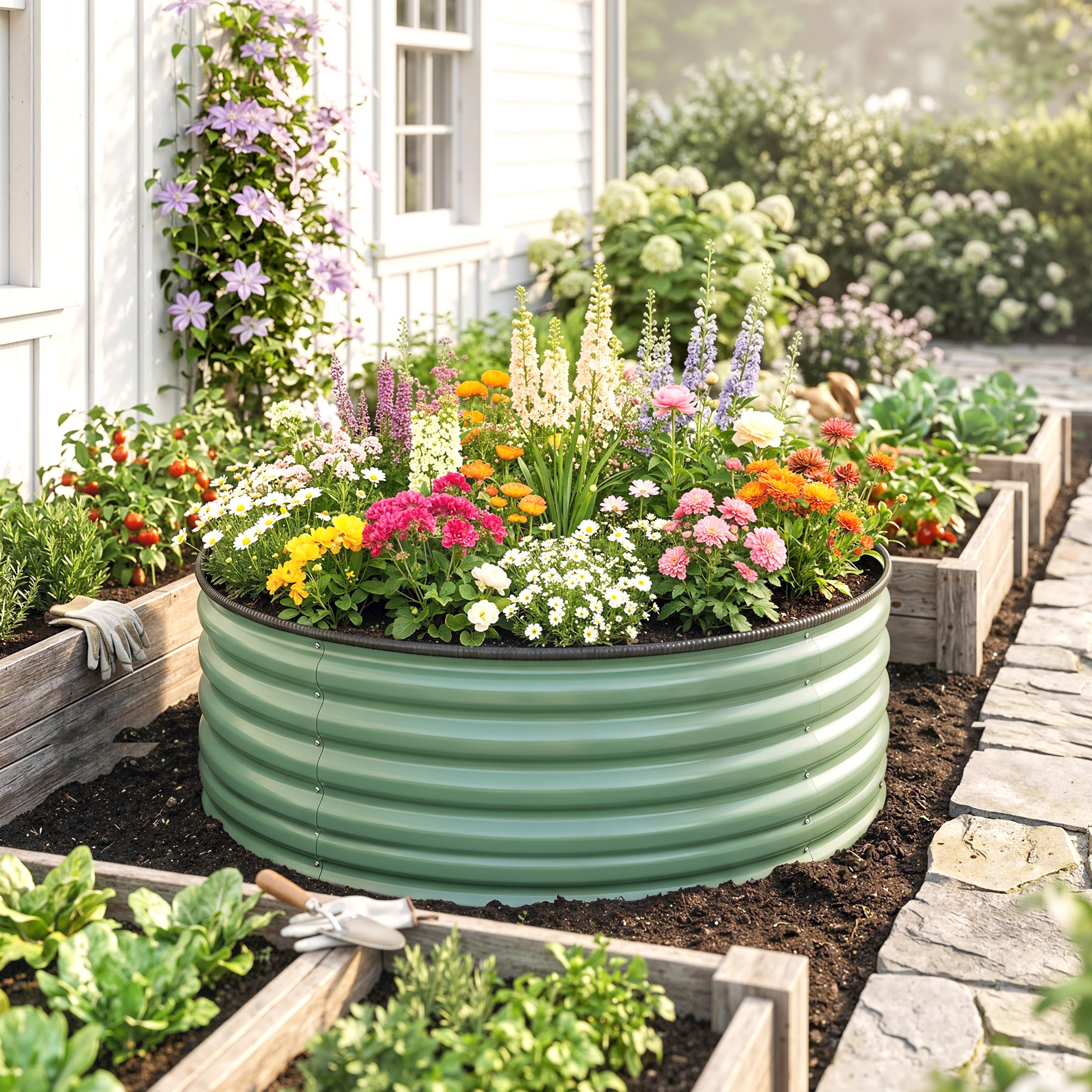Outsunny Galvanised Raised Garden Bed with Safety Edging, Outdoor Raised Planter Box with Gloves, 120 x 120 x 43cm, Light Green