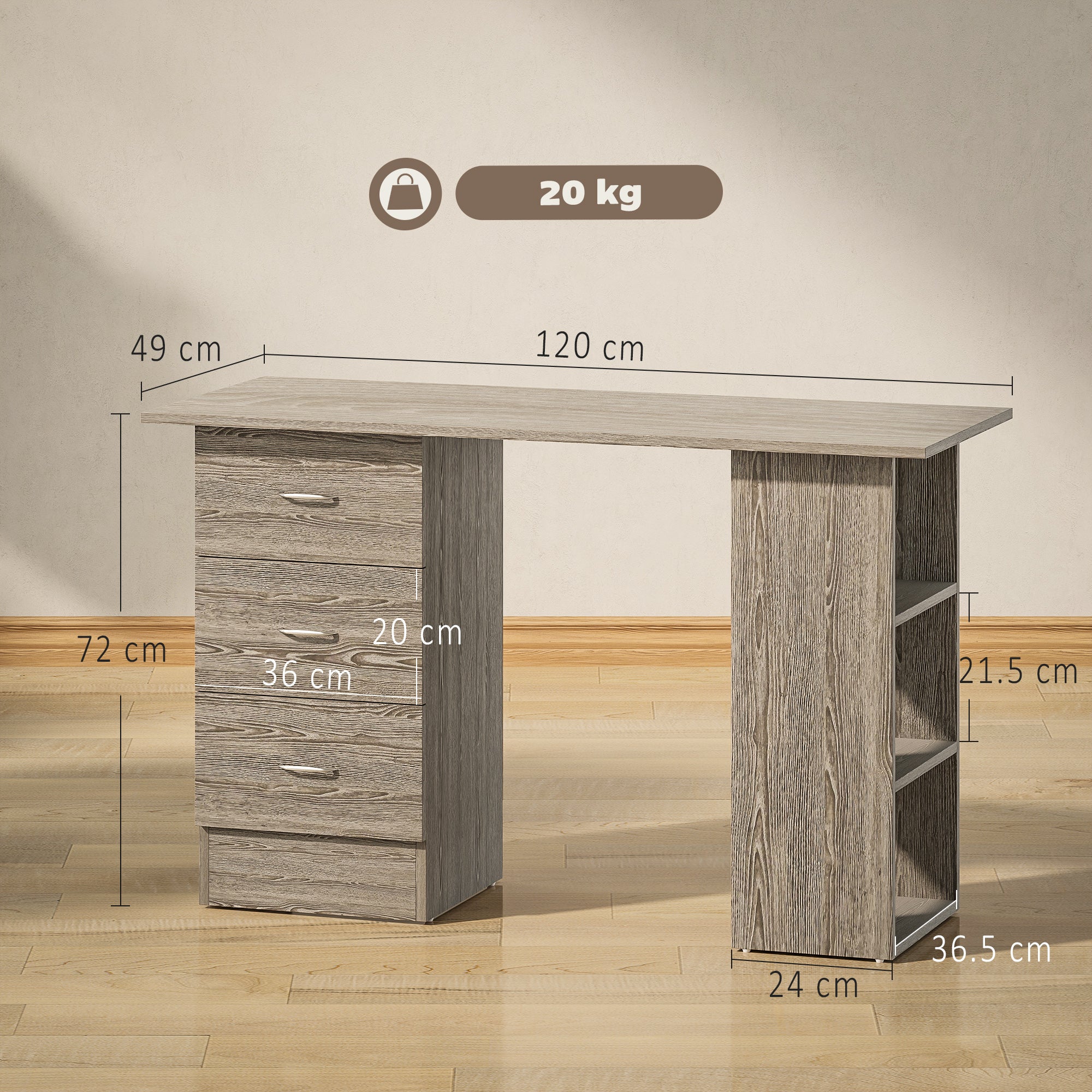 HOMCOM Computer Desk, Writing Table, PC Workstation with 3 Storage Shelves and Drawers, Silver Handle, for Home Office, Grey