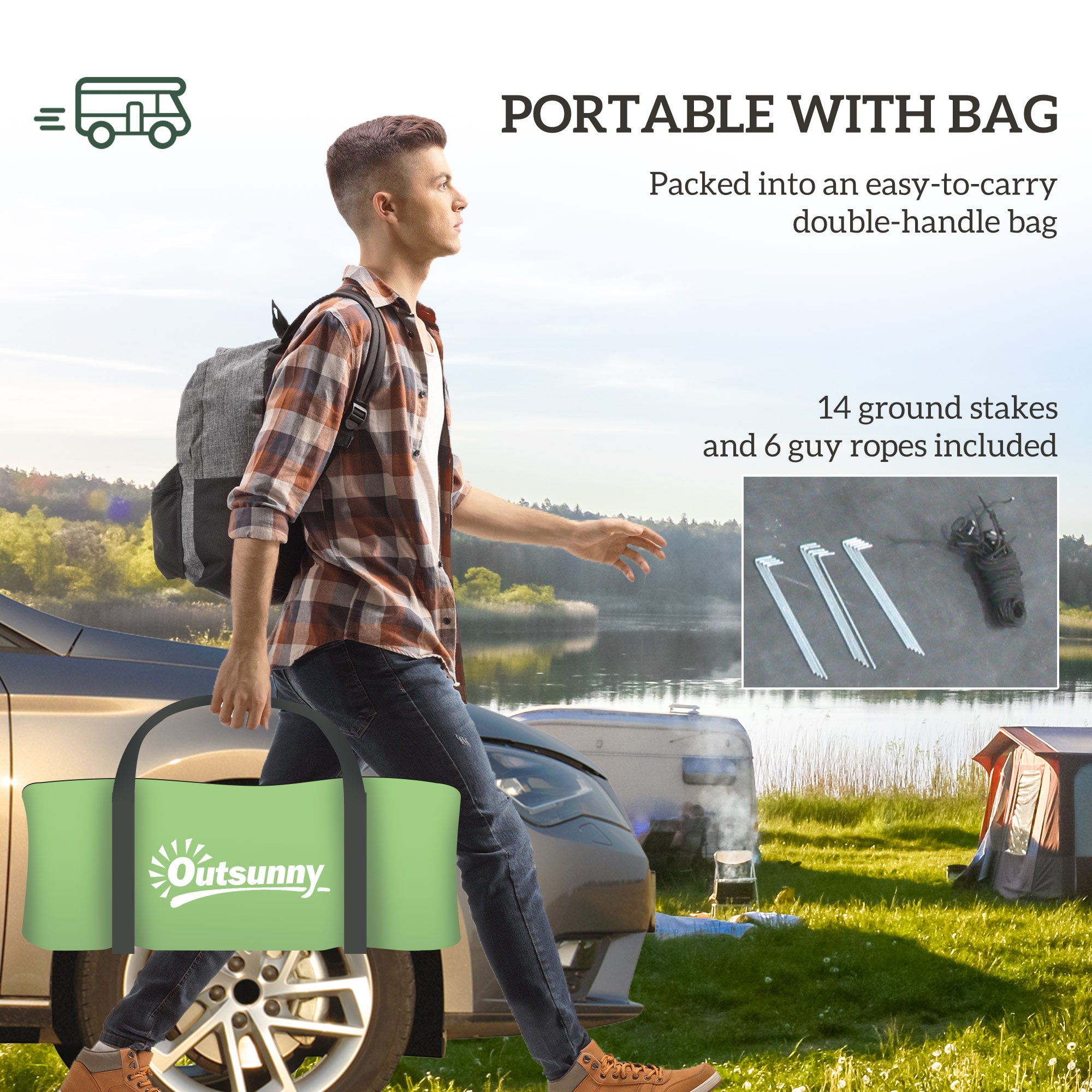 Outsunny Four Man Duo Room Tunnel Tent, with Accessories - Green - North Peak Garden Furniture