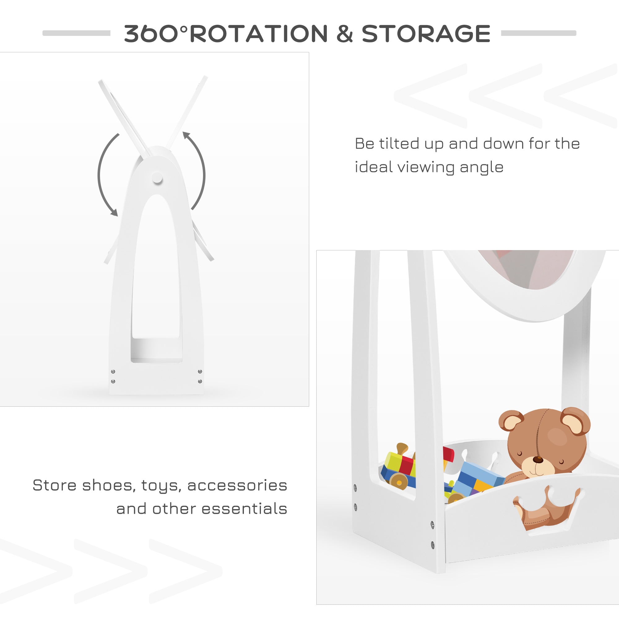 HOMCOM Kids Clothes Rail and Mirror Set 360° Rotation Free Standing Full Length Mirror and Hanging Rack with Storage Shelves Child's Dressing Mirror Garment Wardrobe White - North Peak Garden Furniture