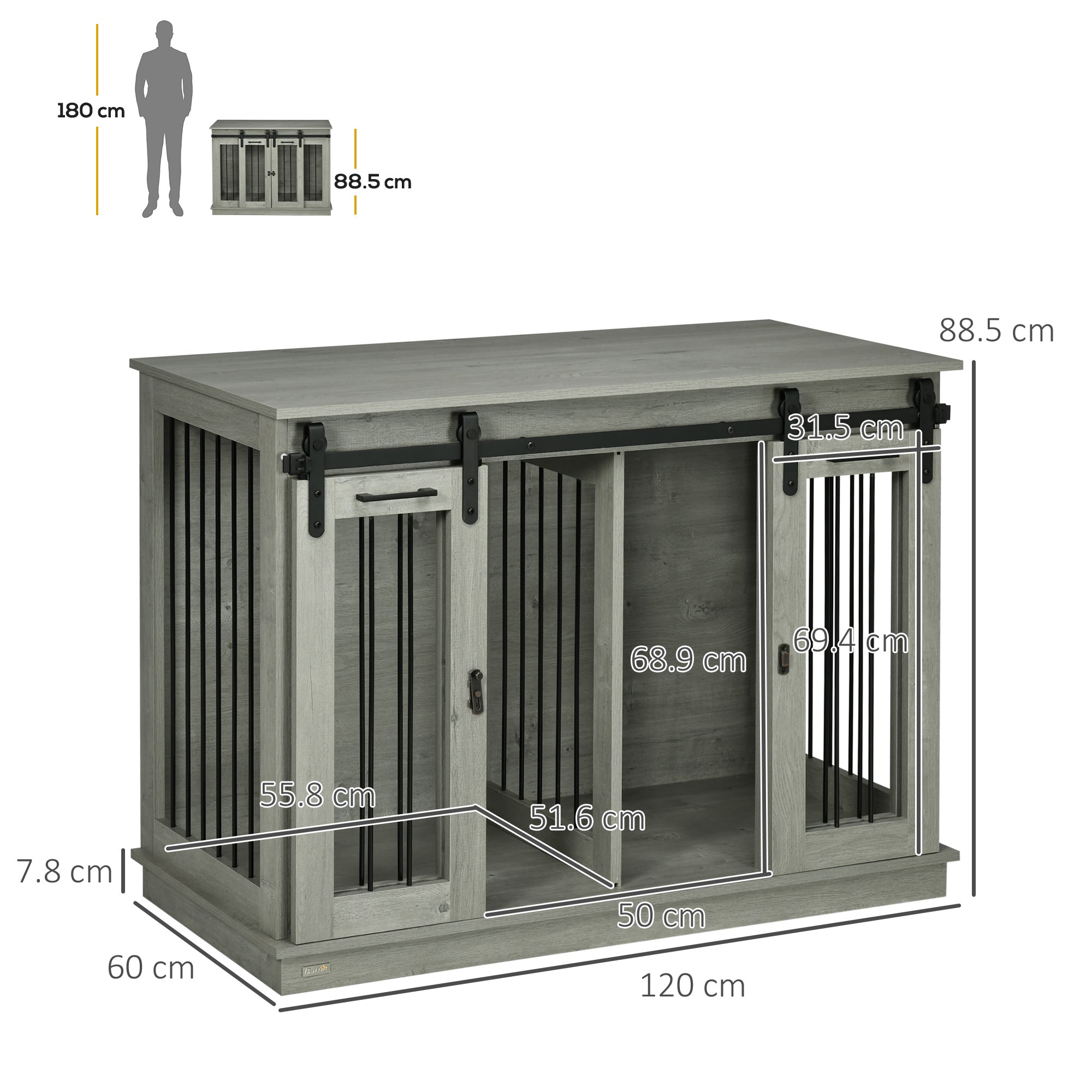 PawHut Dog Crate Furniture for Large Dogs, Double Dog Cage for Small Dogs, with Divider - Grey