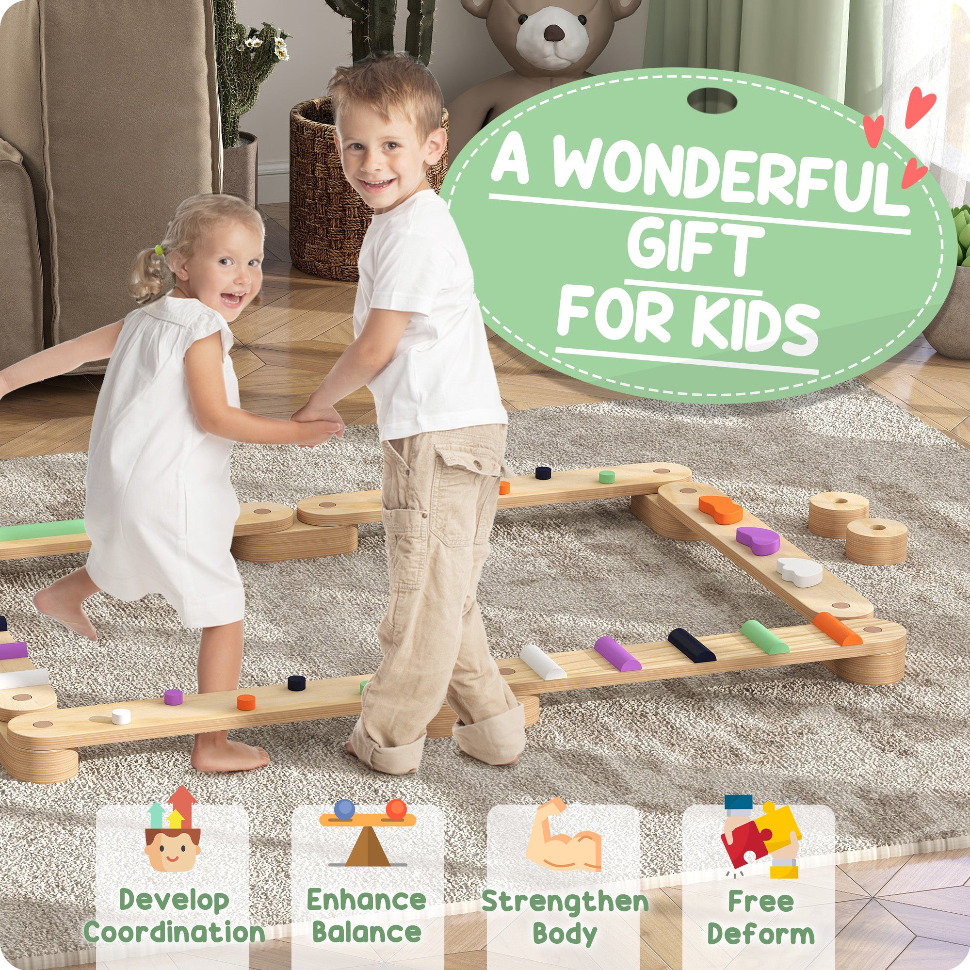 AIYAPLAY Wooden Balance Beam for Kids Build Coordination Agility and Strength - North Peak Garden Furniture