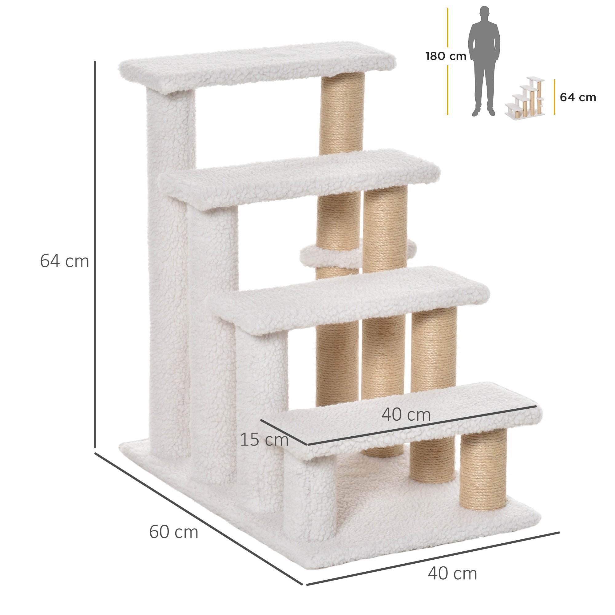 PawHut Pet Stair with 4-step Climb Ladder, Scratching Posts, Platforms, Toy Ball, for Indoor Elderly Cats Kittens, White - North Peak Garden Furniture