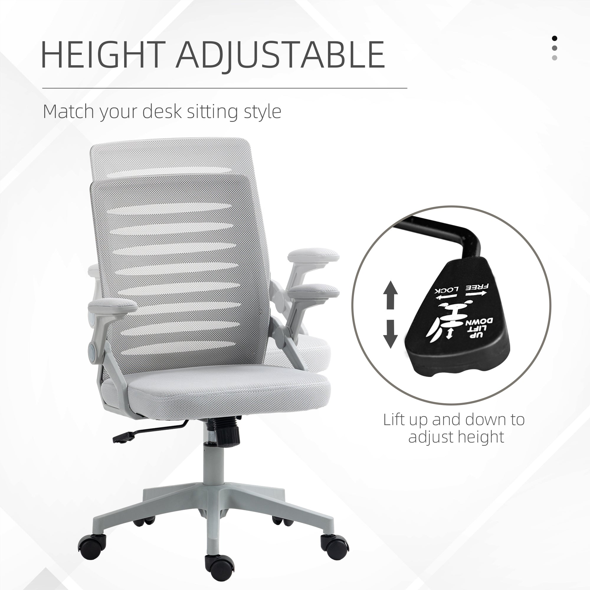 Vinsetto 44-53.5cm Adjustable Height Work Chair, with Mesh Back - Grey - North Peak Garden Furniture