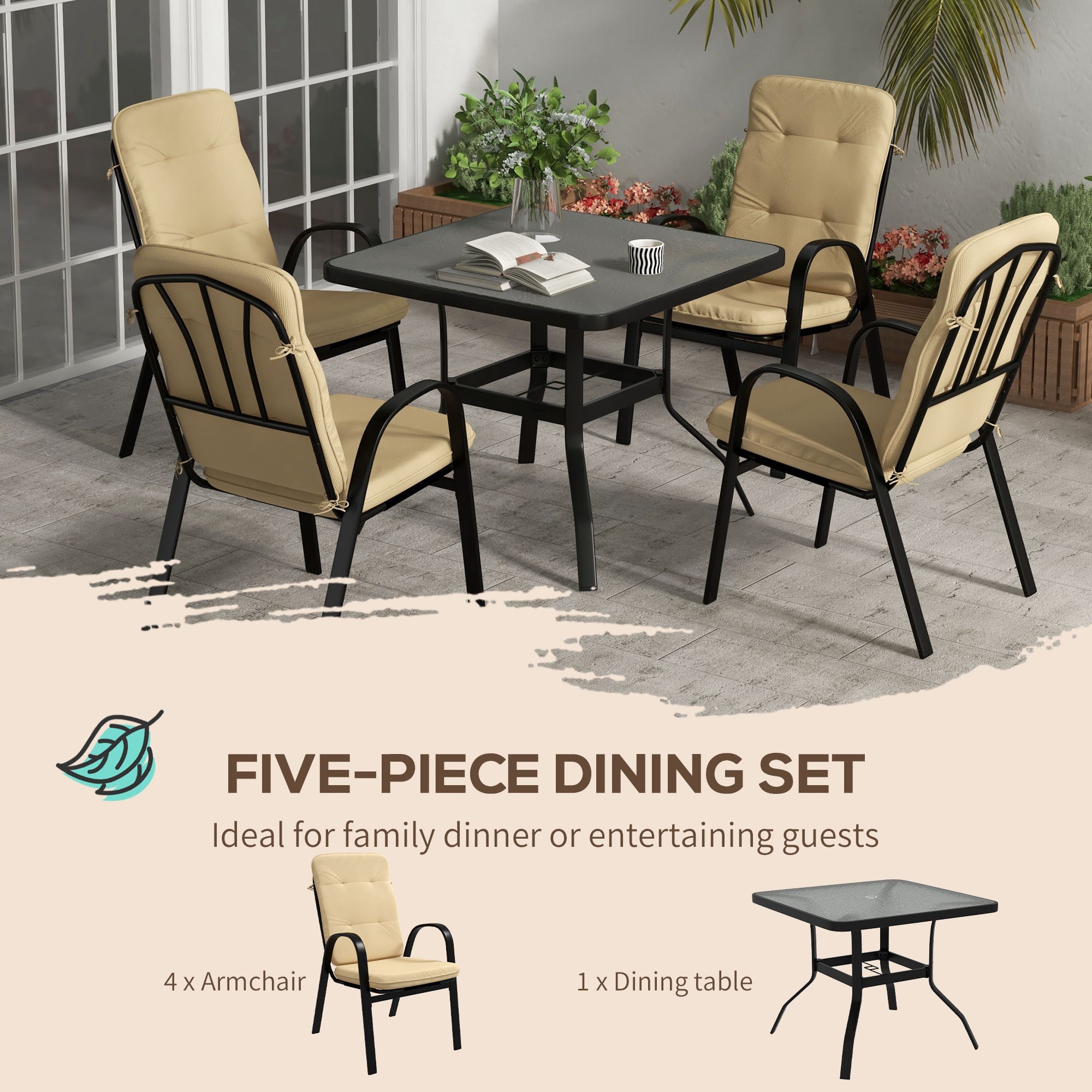 Outsunny 5 Pieces Outdoor Square Garden Dining Set w/ Tempered Glass Dining Table 4 Cushioned Armchairs, Umbrella Hole, Beige - North Peak Garden Furniture