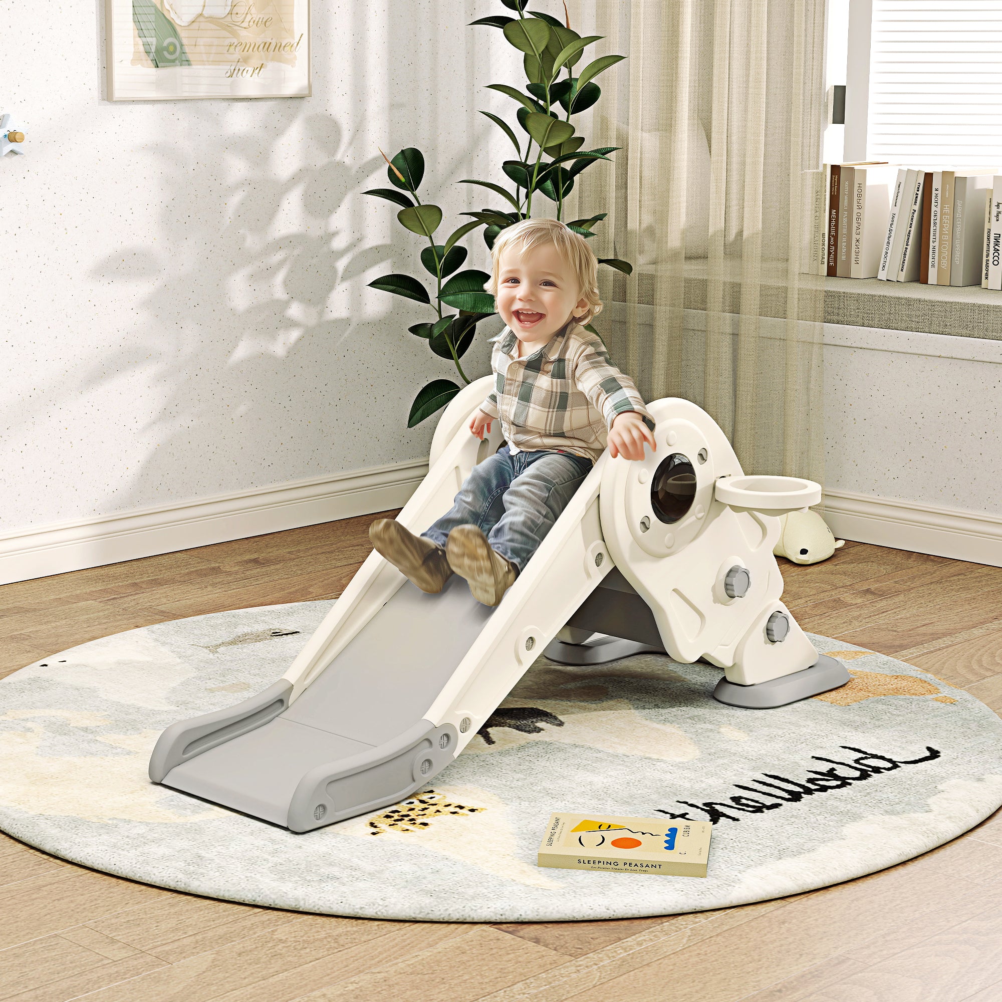 AIYAPLAY 3 in1 Kids Slide with Basketball Hoop, Climber, Anti-slip Steps for Toddlers Age 2-5, Cream White - North Peak Garden Furniture