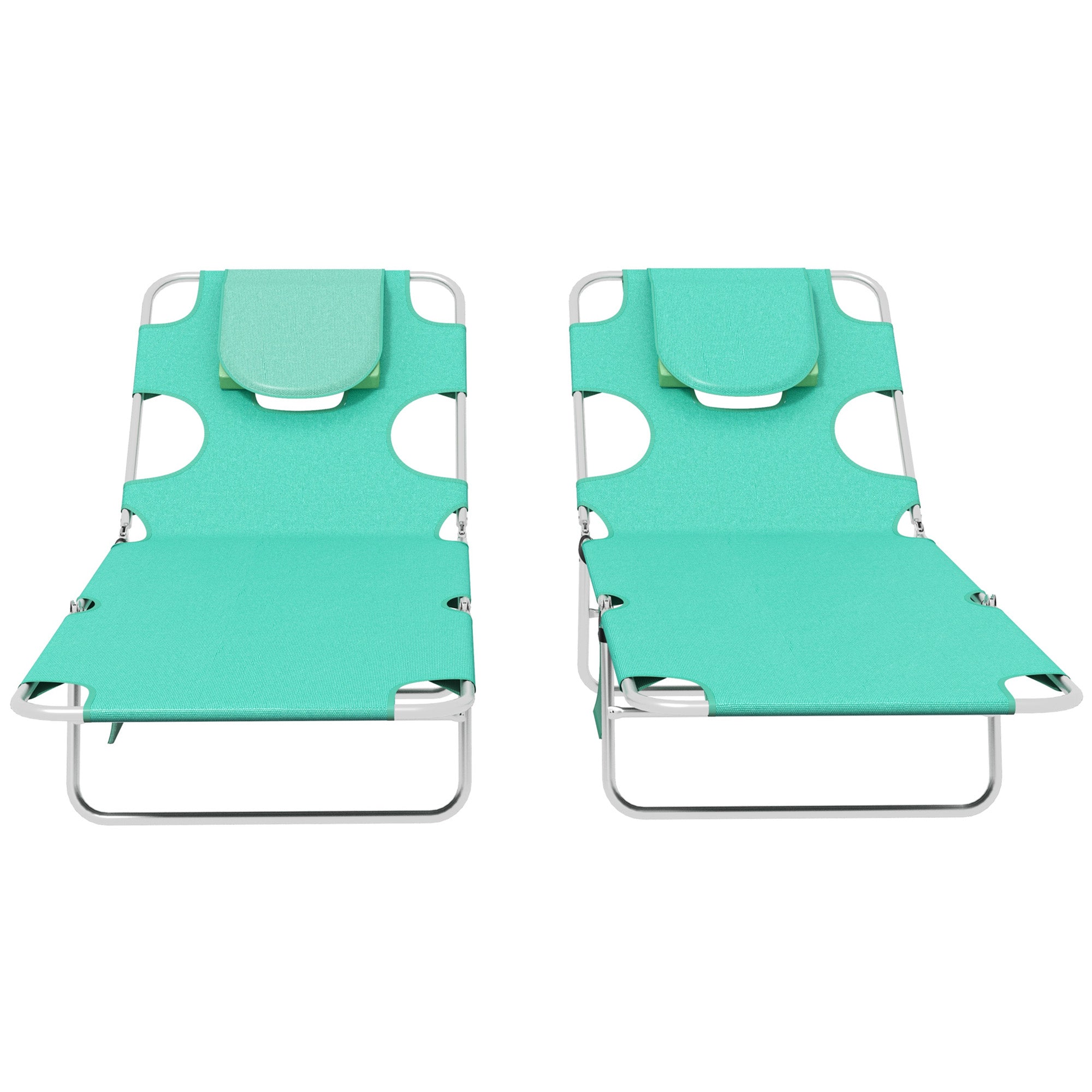 Outsunny Foldable Sun Lounger Set of 2 with Reading Hole, Portable Sun Lounger with 5 Level Adjustable Backrest, Reclining Lounge Chair with Side Pocket, Headrest Pillow, Green - North Peak Garden Furniture