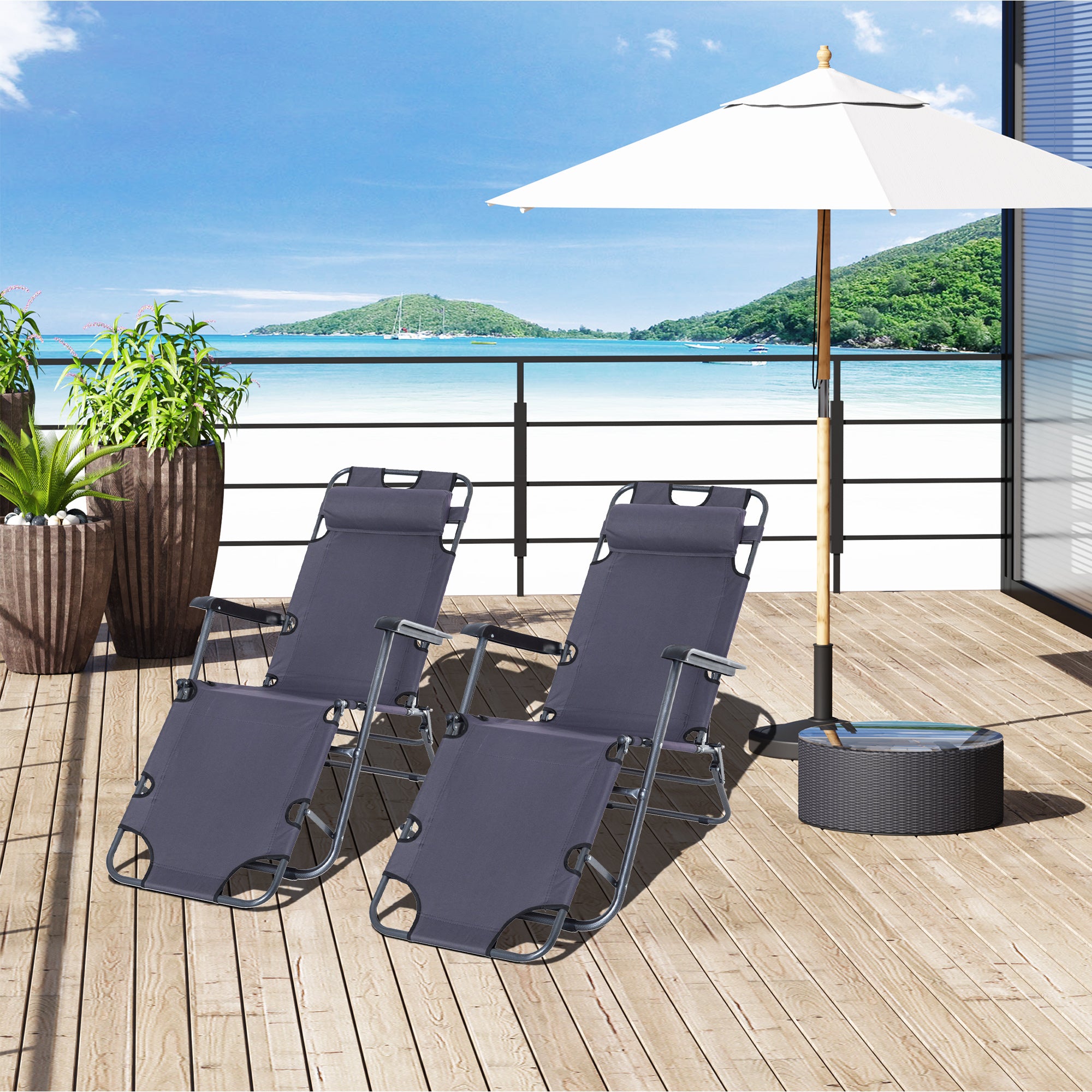 Outsunny 2 Pieces 2 in 1 Sun Lounger Folding Reclining Chair Garden Outdoor Camping Adjustable Back with Pillow, Grey - North Peak Garden Furniture