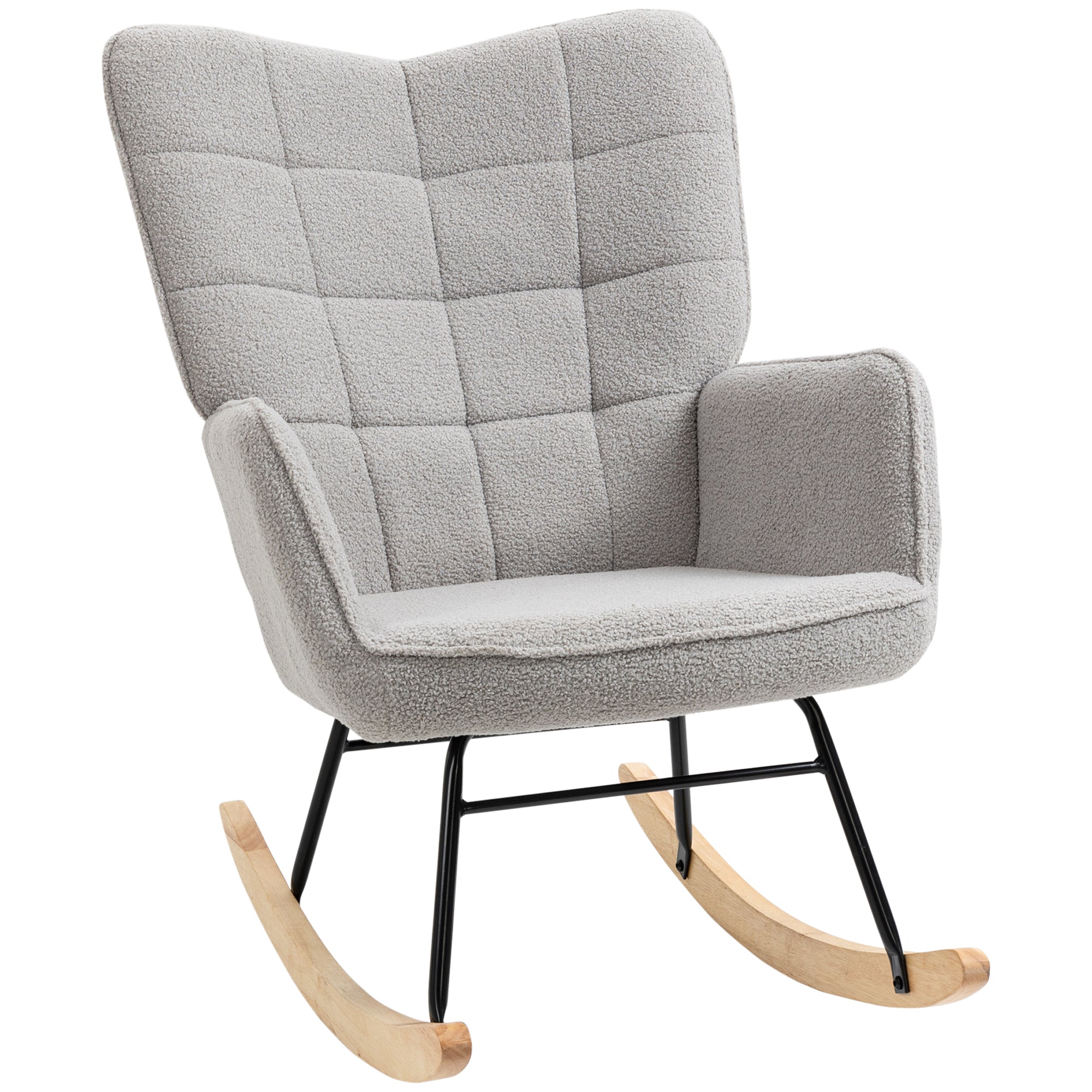 HOMCOM Berber Fleece Nursery Glider Rocker for Nursing, Wingback Rocking Chair for Living Room, Light Grey - North Peak Garden Furniture