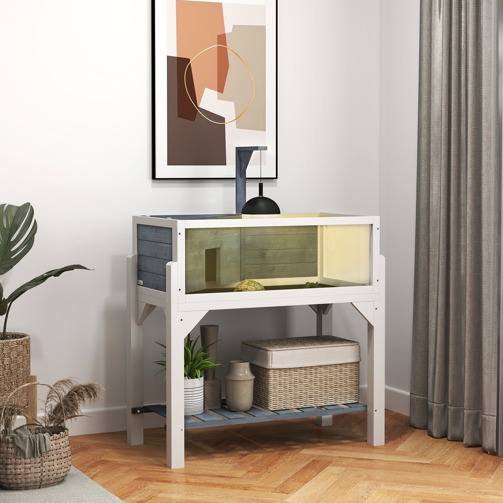 PawHut Wooden Tortoise House with Storage Shelf, Clear Observation Windows, Lamp Holder, Openable Top, Built-in Tray, Grey - North Peak Garden Furniture