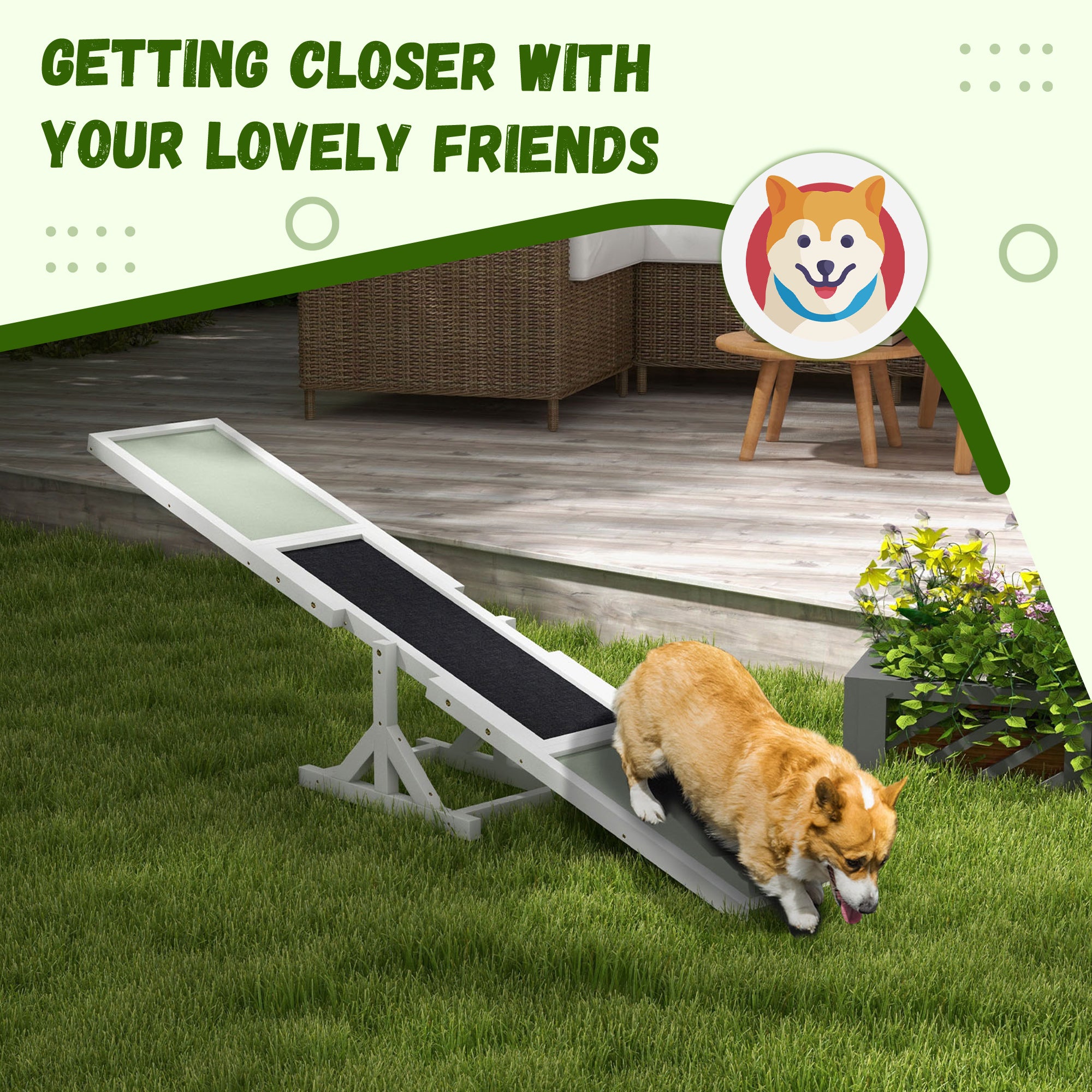 PawHut Wooden Pet Seesaw for Big Dogs, Dog Agility Equipment with Anti-Slip Surface - White - North Peak Garden Furniture