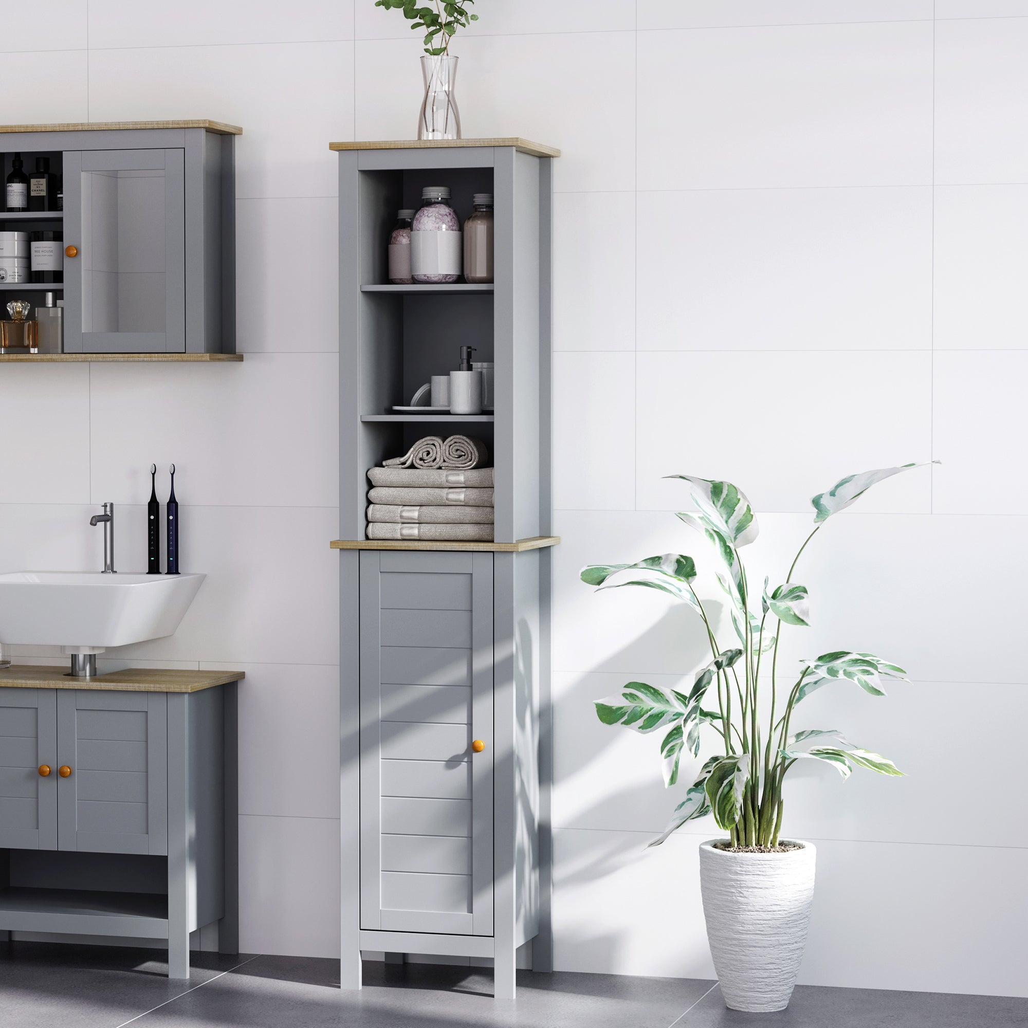 kleankin Bathroom Floor Storage Cabinet with 3 Tier Shelf and Cupboard with Door, Free Standing Linen Tower, Tall Slim Side Organizer Shelves, Grey - North Peak Garden Furniture
