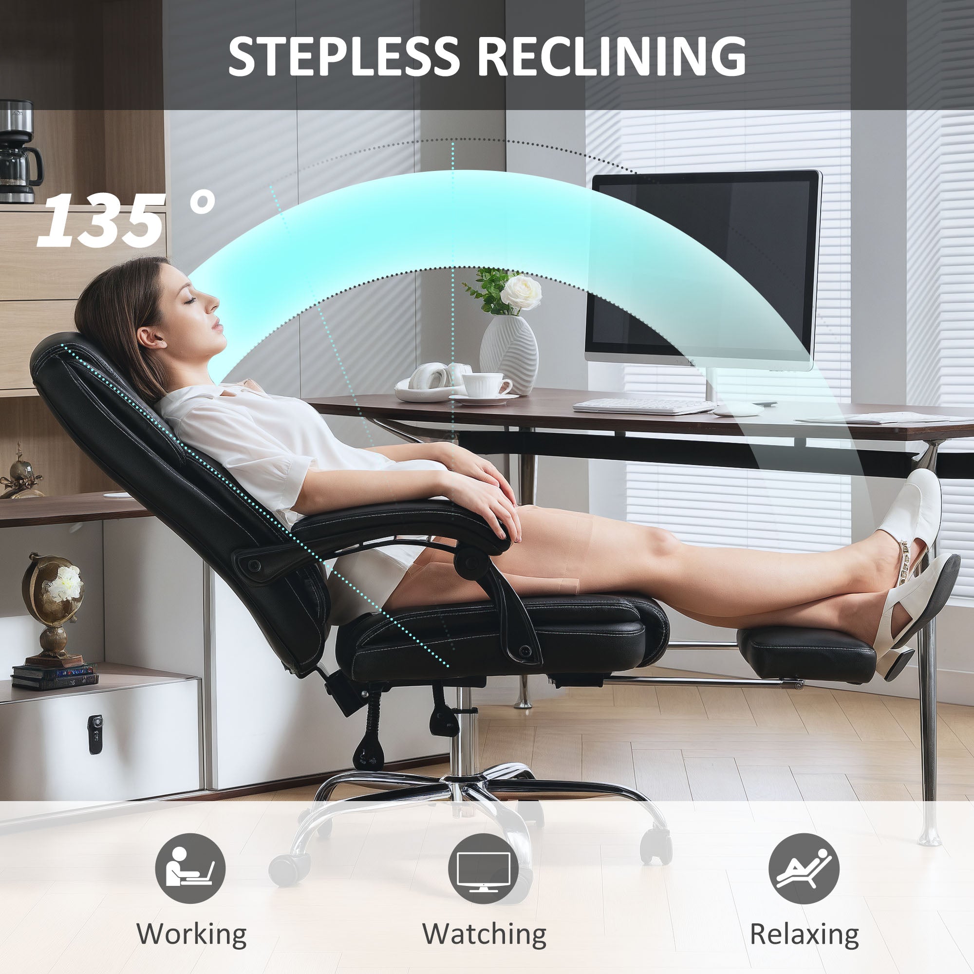 HOMCOM Faux Leather Reclining Office Chair, with Footrest - Black