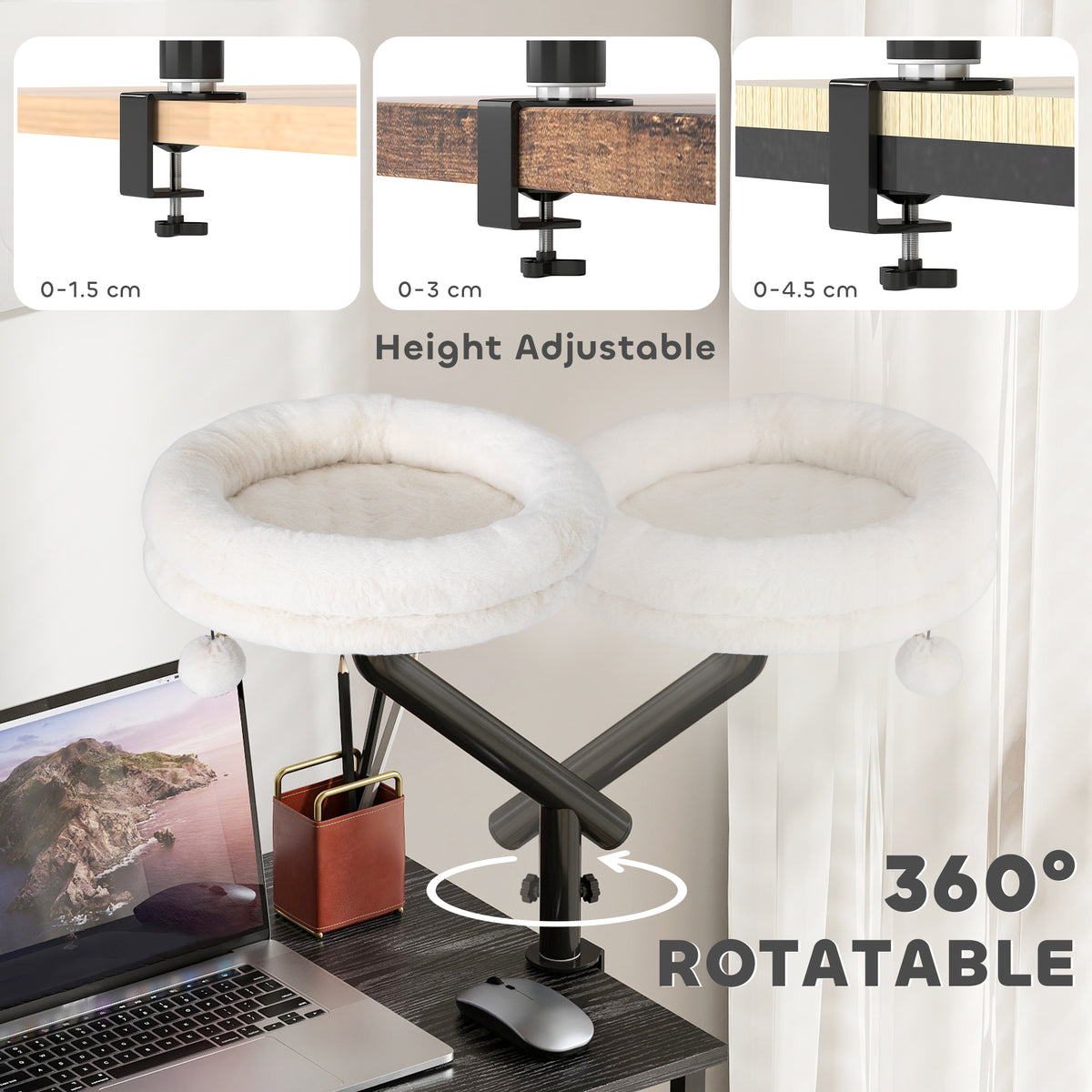 PawHut Cat Desk Bed, Cat Hammock 360° Rotatable Adjustable for Window, Table, Work, Cream White