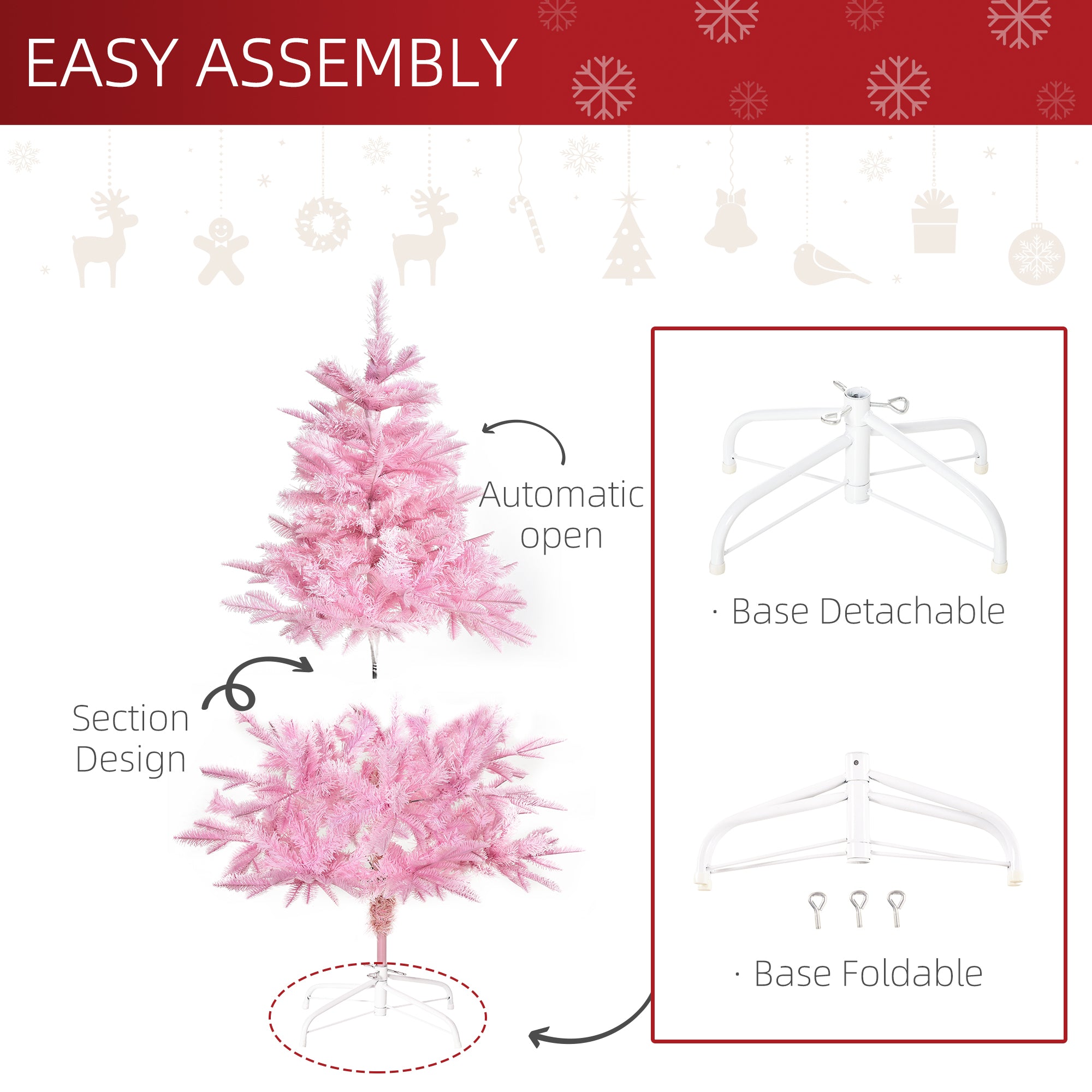 HOMCOM 4FT Artificial Christmas Tree Holiday Xmas Holiday Tree Decoration with Automatic Open for Home Party, Pink - North Peak Garden Furniture