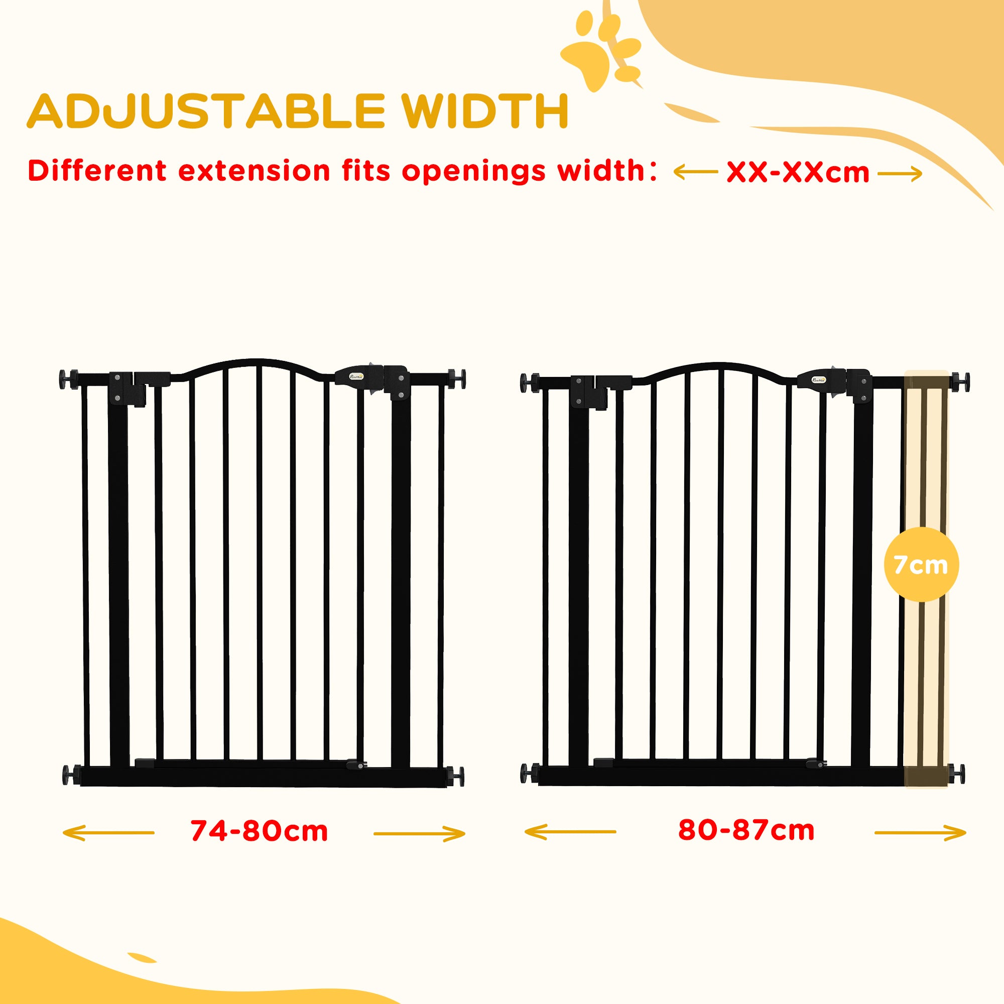 PawHut Metal 74-87cm Adjustable Pet Gate Safety Barrier w/ Auto-Close Door Black - North Peak Garden Furniture