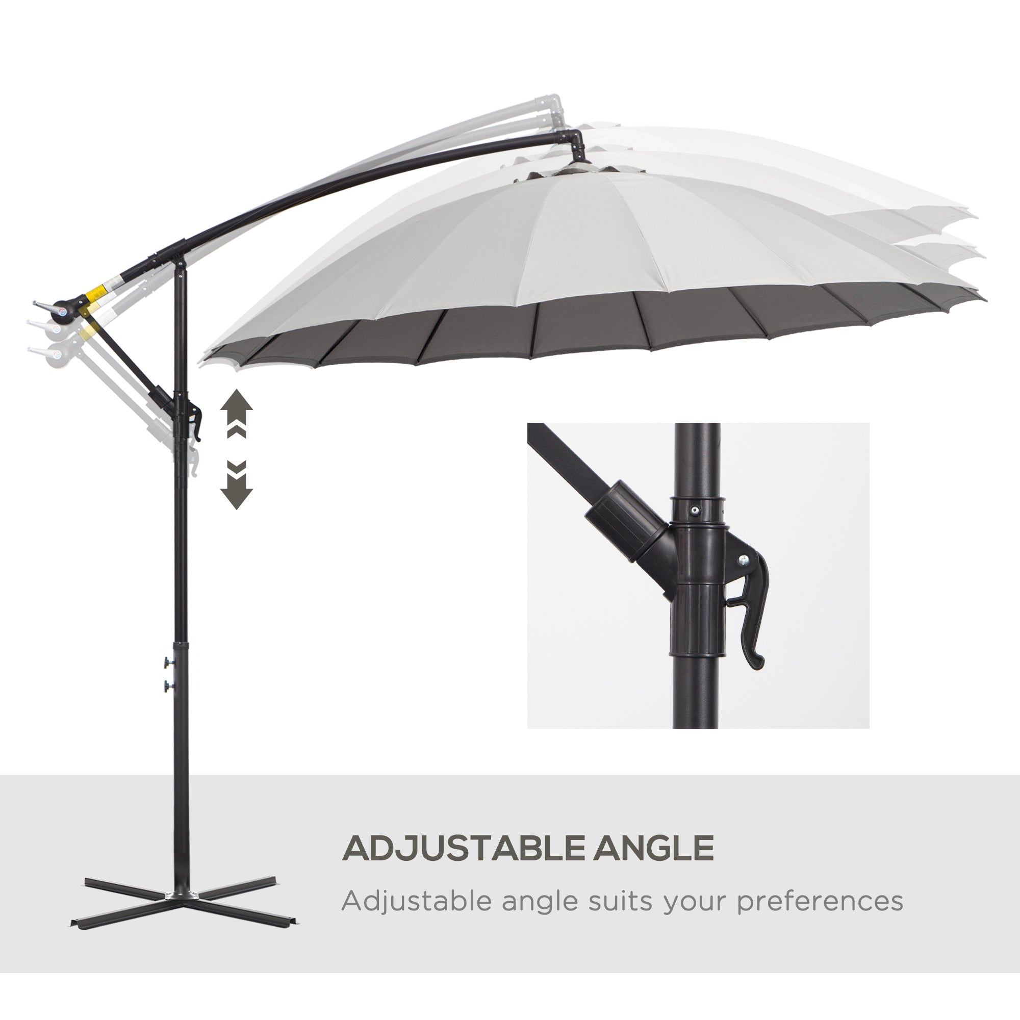 Outsunny 3(m) Cantilever Umbrella 18 Ribs & Vents Adjustable Angle for Patio Light Grey - North Peak Garden Furniture