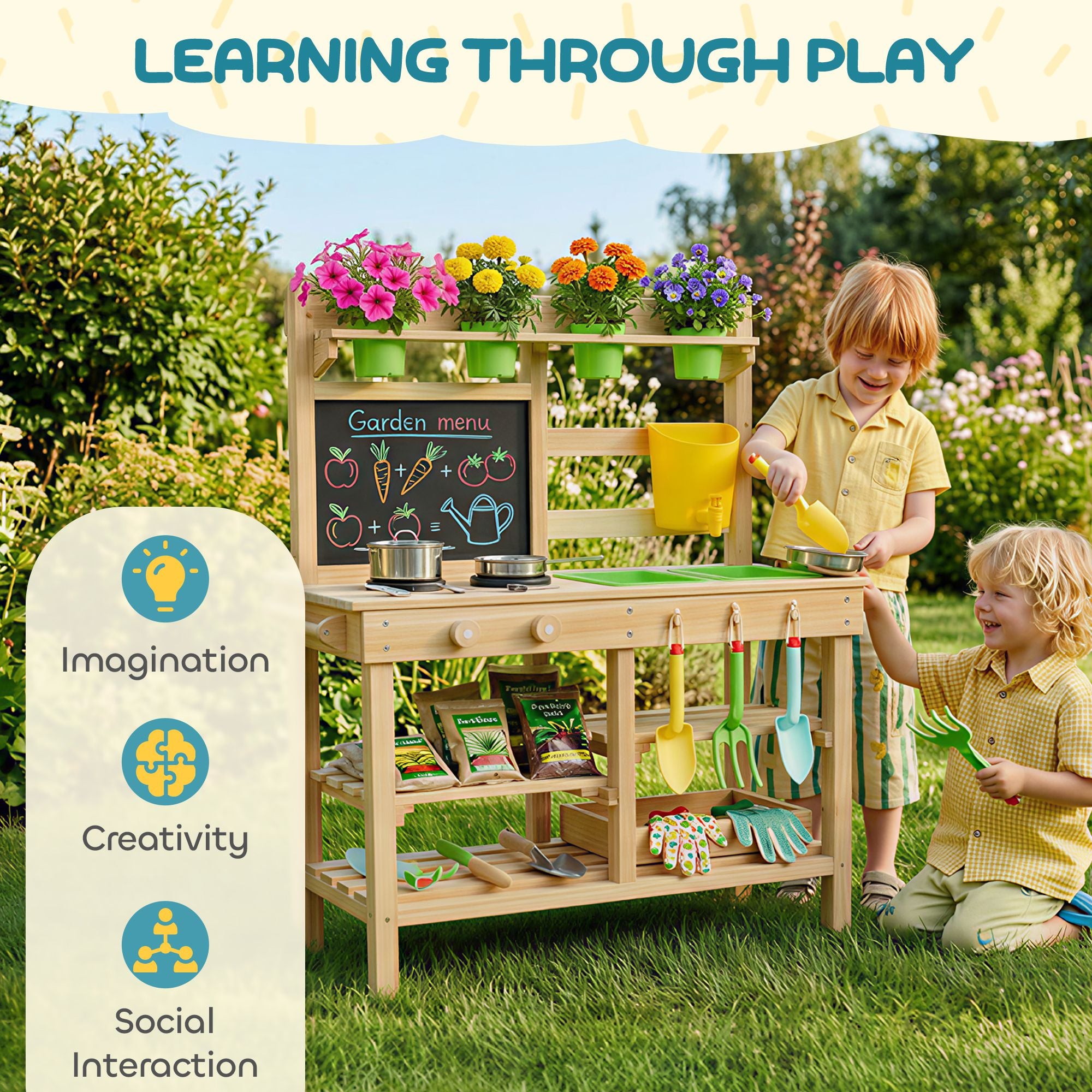 AIYAPLAY Kids Mud Kitchen, Outdoor Wooden Play Kitchen with Kitchenware & Garden Tools, Pretend Play Outdoor Toys, Natural