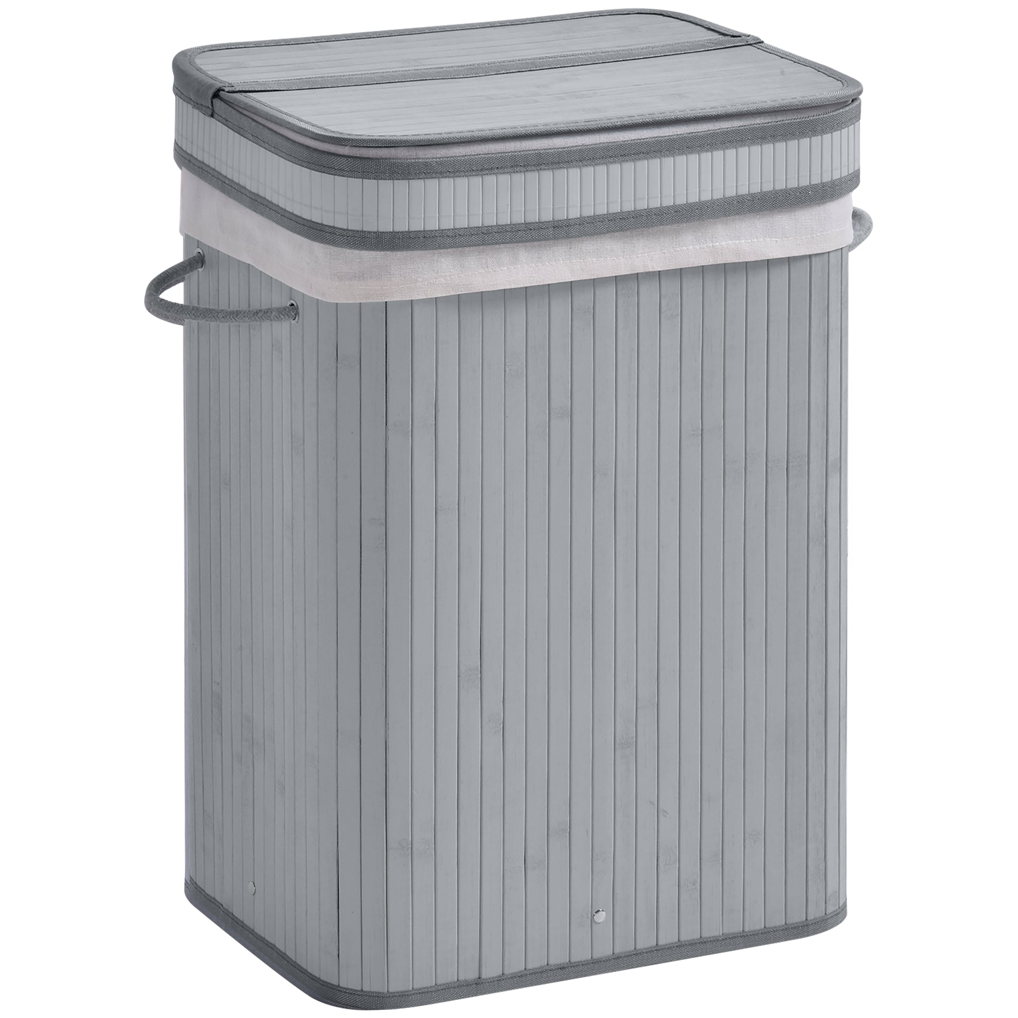 HOMCOM 70L Natural Wood Laundry Basket A Compartment w/Flip Lid Removable Lining Handles Board Base Foldable Durable Water-Resistant Dirty Clothes Storage Home Organisation Grey - North Peak Garden Furniture
