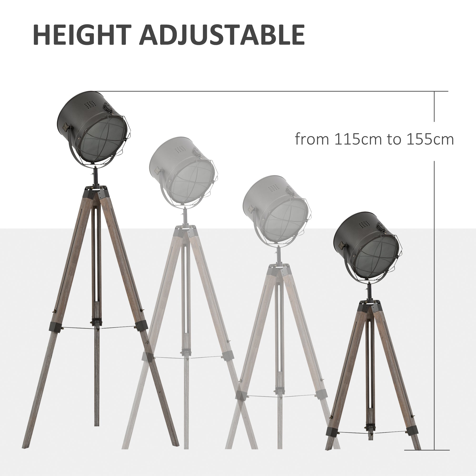 HOMCOM Industrial Style Adjustable Tripod Floor Lamp for Living Room Bedroom, Vintage Spotlight Reading Lamp with Wood Legs, 115-155cm, Grey - North Peak Garden Furniture