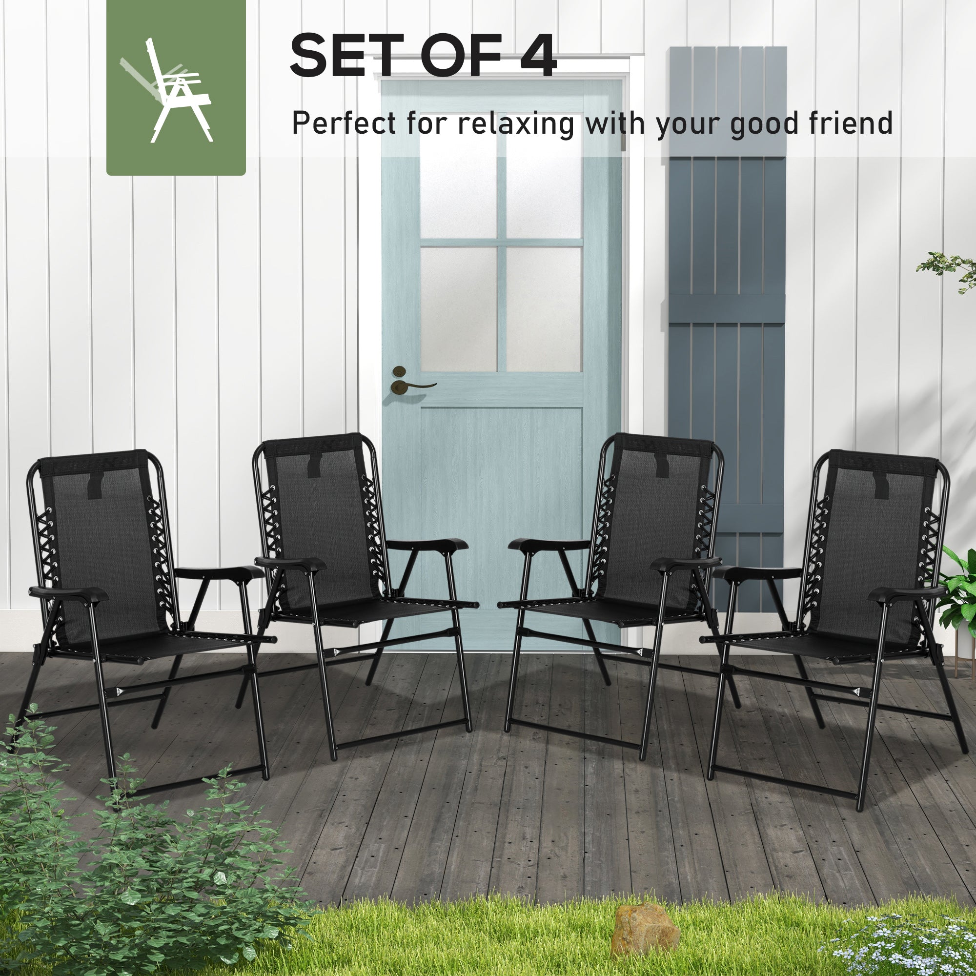 Outsunny 4 Pcs Patio Folding Chair Set, Outdoor Portable Loungers for Camping Pool Beach Deck, Lawn w/ Armrest Steel Frame Black - North Peak Garden Furniture