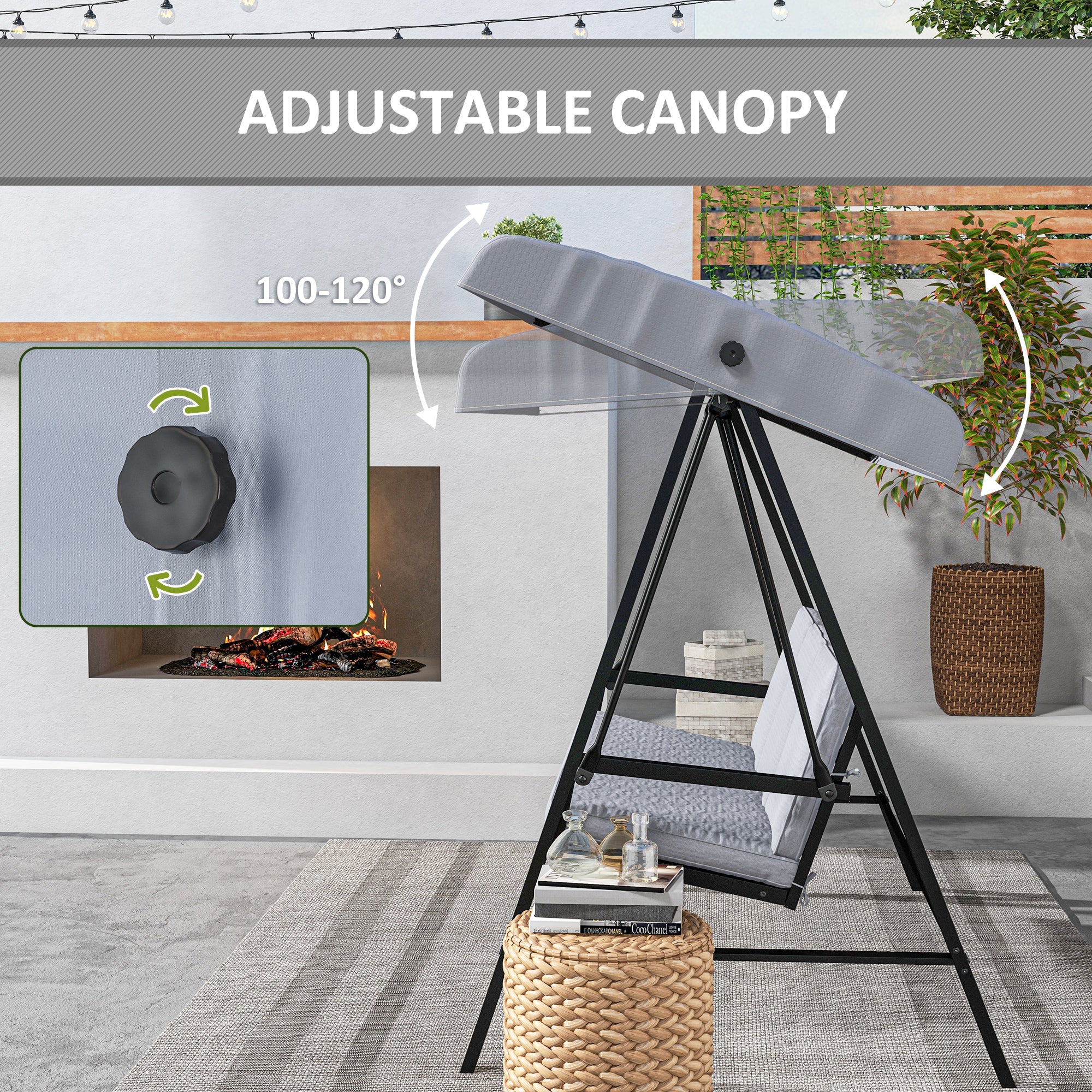Outsunny Three-Seat Garden Swing Chair, with Adjustable Canopy - Grey - North Peak Garden Furniture