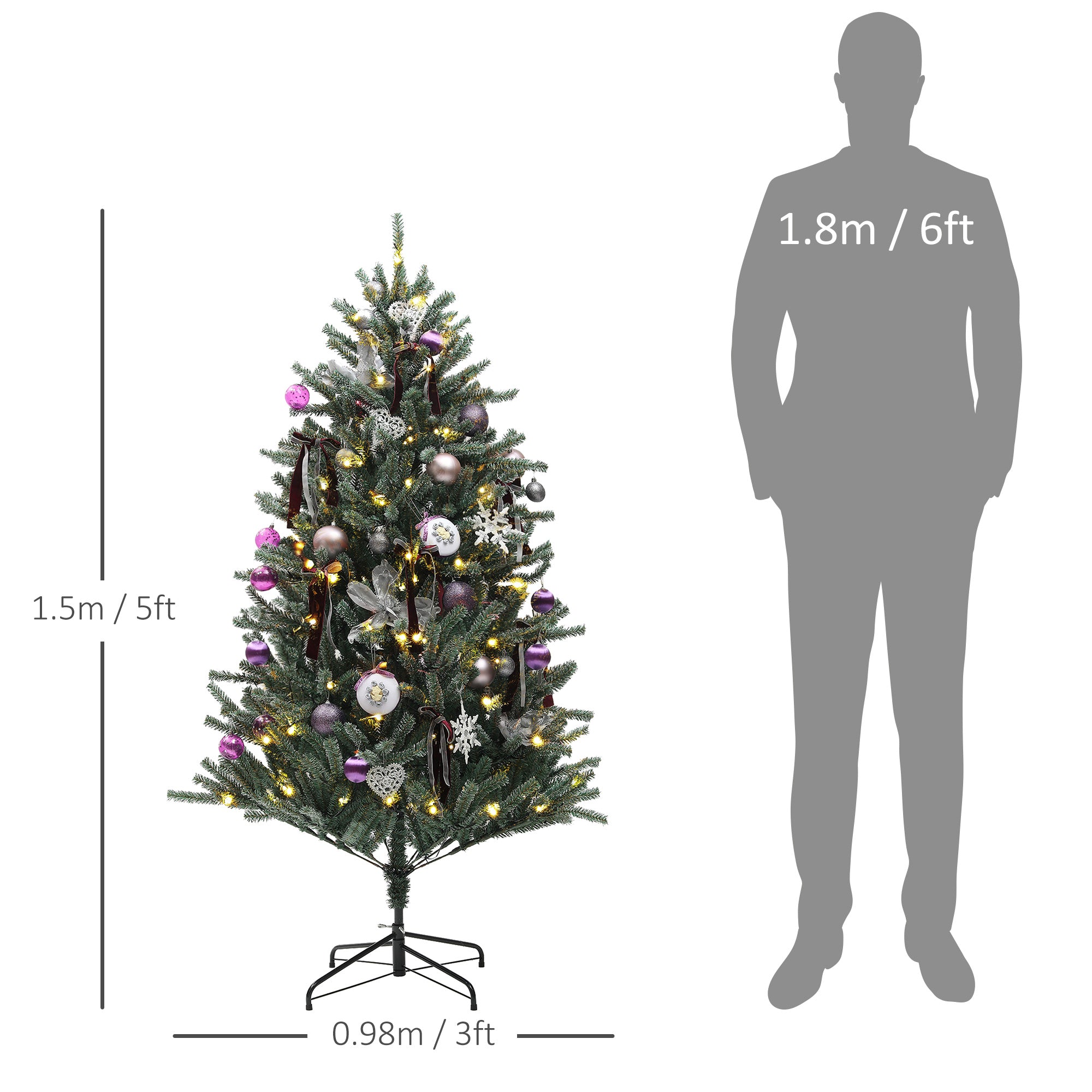HOMCOM 5ft Artificial Christmas Tree, with Purple Decorations and Lights - North Peak Garden Furniture