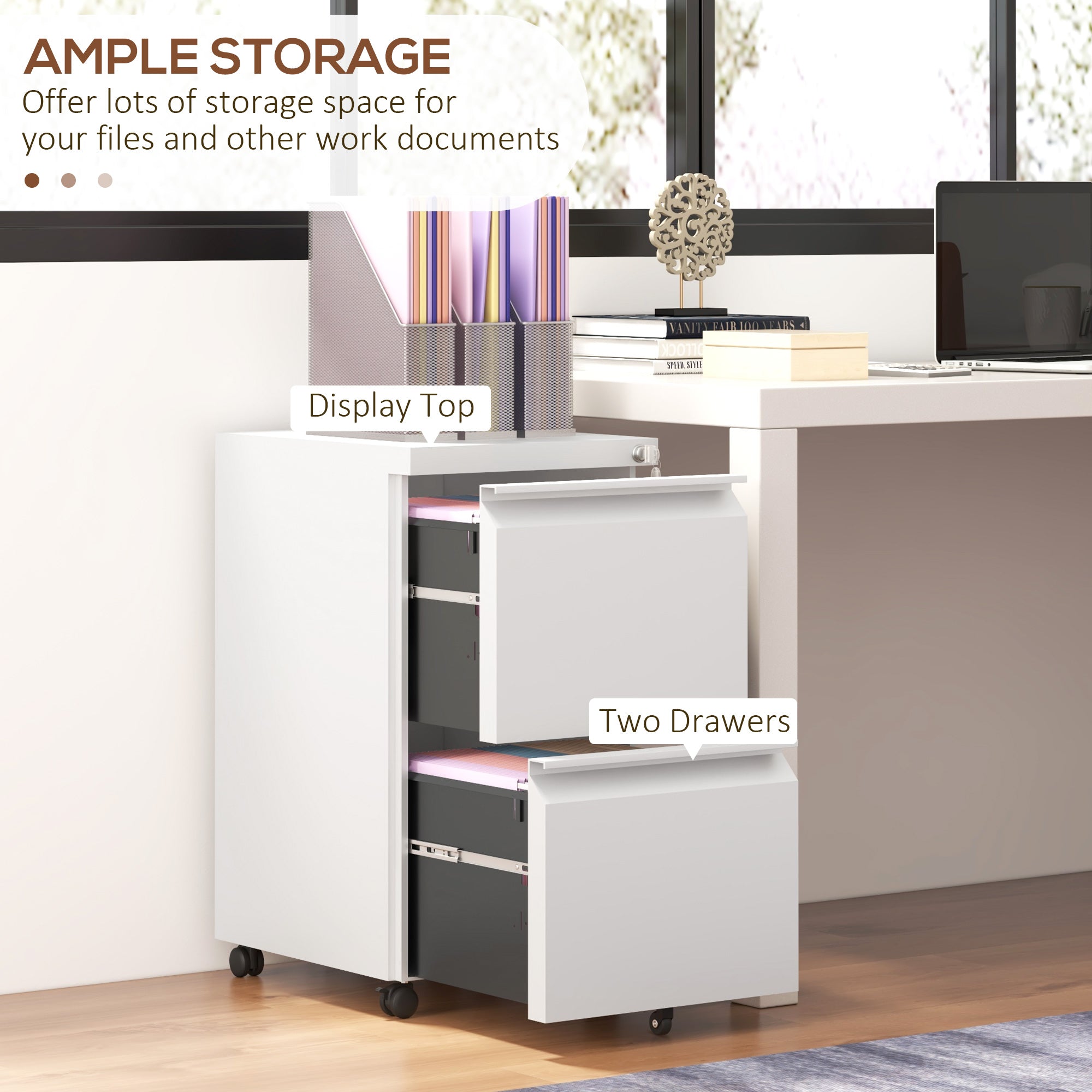 Vinsetto 2-Drawer Mobile Filing Cabinet, Steel Lockable File Cabinet for Letter, A4 and Legal Size, Pre-Assembled Body, White - North Peak Garden Furniture