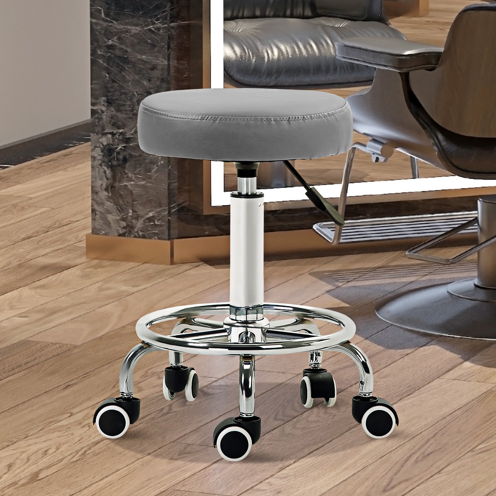 Vinsetto PU Leather Rolling Stool, Height Adjustable Stool Chair with Wheels for Salon, Massage, Spa, Grey - North Peak Garden Furniture