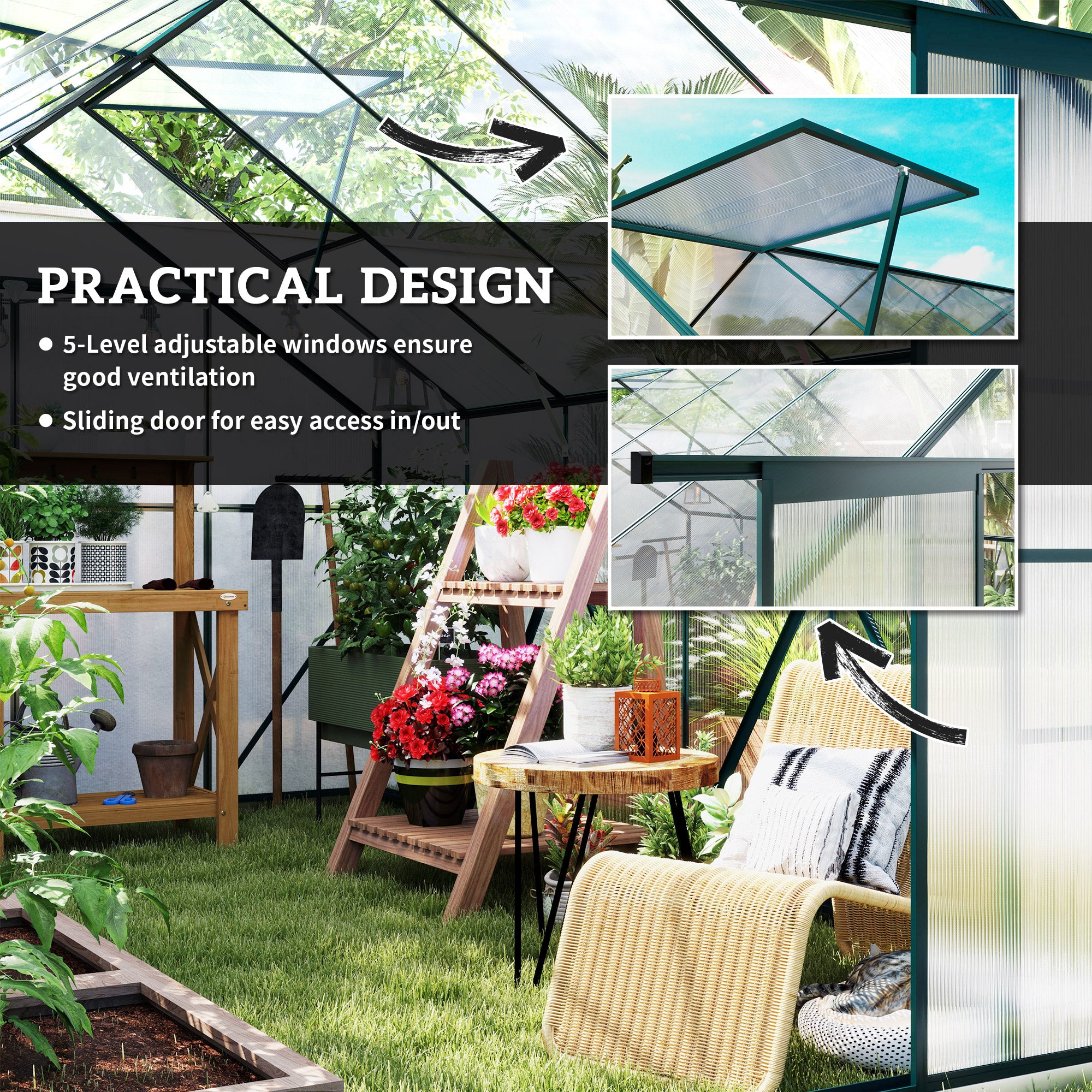 Outsunny 8 x 12ft Aluminium Greenhouse Polycarbonate Walk-in Garden Greenhouse Kit with Adjustable Roof Vent, Double Sliding Door, Rain Gutter and Foundation, Clear - North Peak Garden Furniture