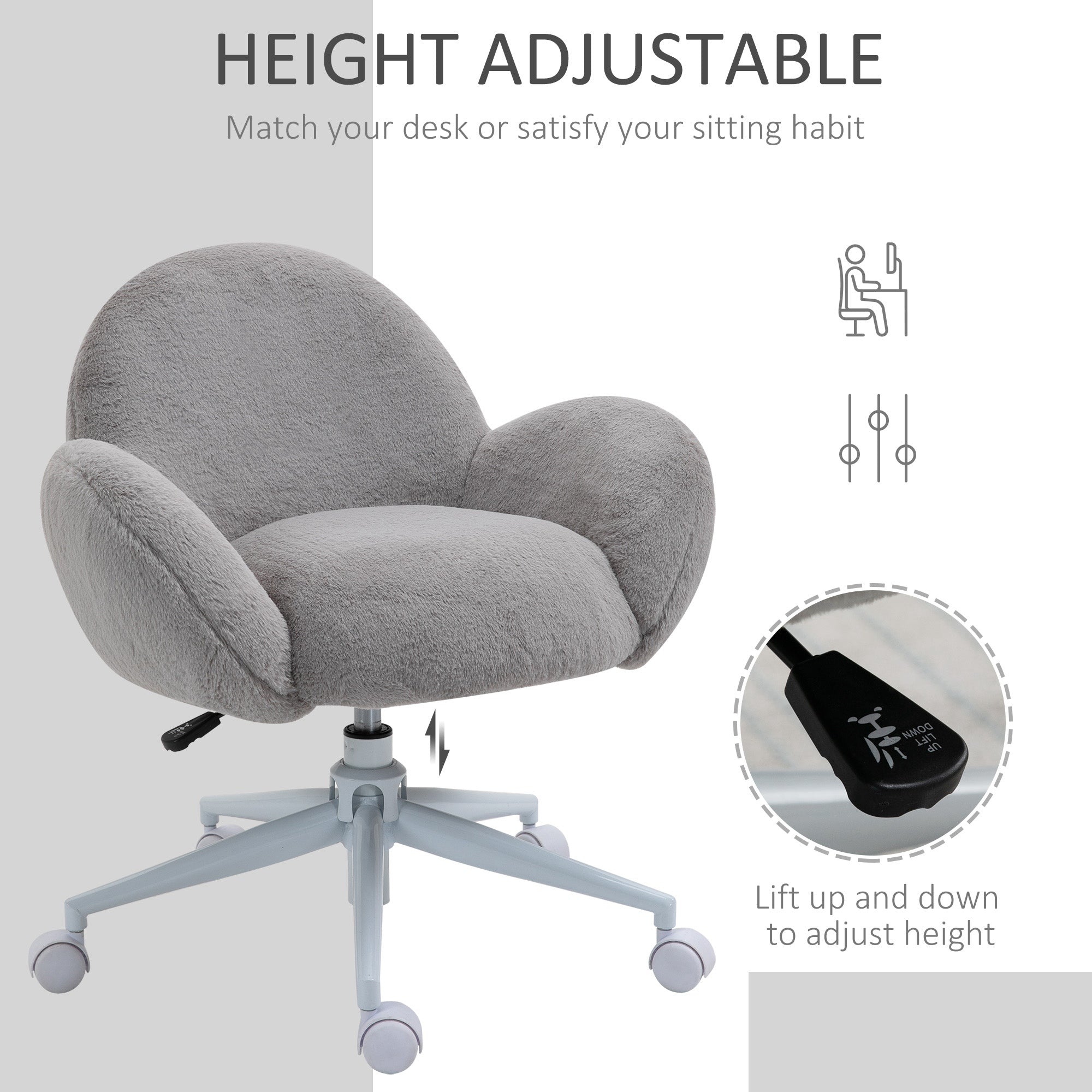 HOMCOM Makeup Vanity Chair, Cute Fluffy Desk Chair with Rolling Wheels for Bedroom Living Room, Grey - North Peak Garden Furniture