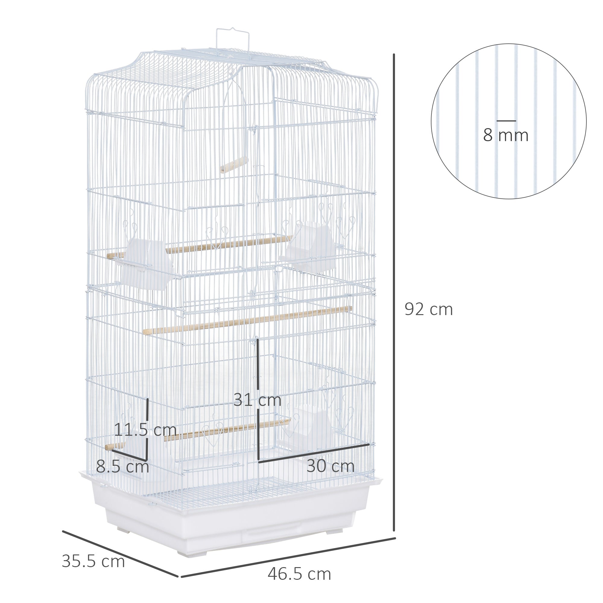 PawHut Large Metal Bird Cage with Stand, Perches, Food Bowls, Swing for Budgie, Parakeet, 46.5 x 35.5 x 92cm,White