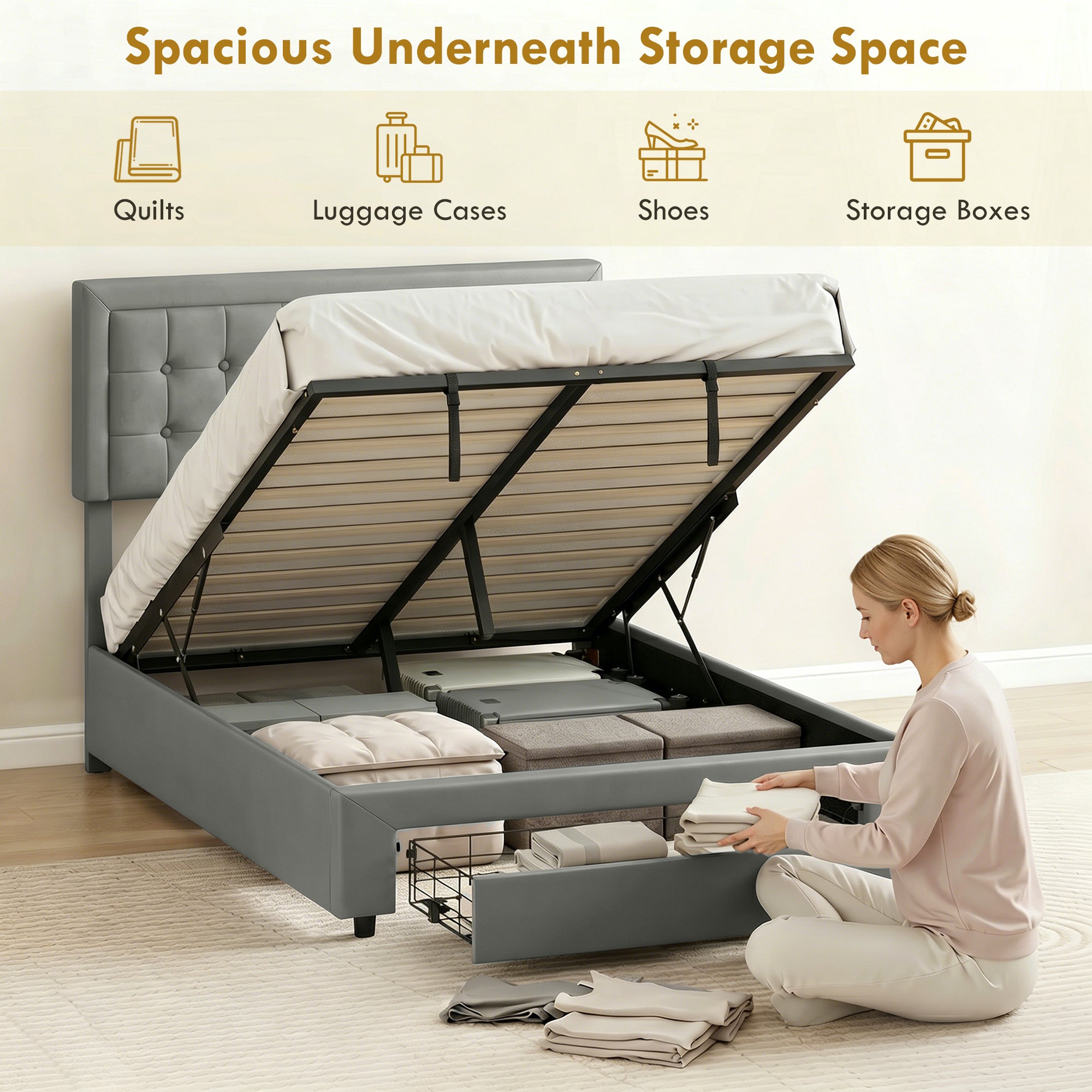 HOMCOM PU Leather King Size Ottoman Bed Frame, with Front Drawer - Grey