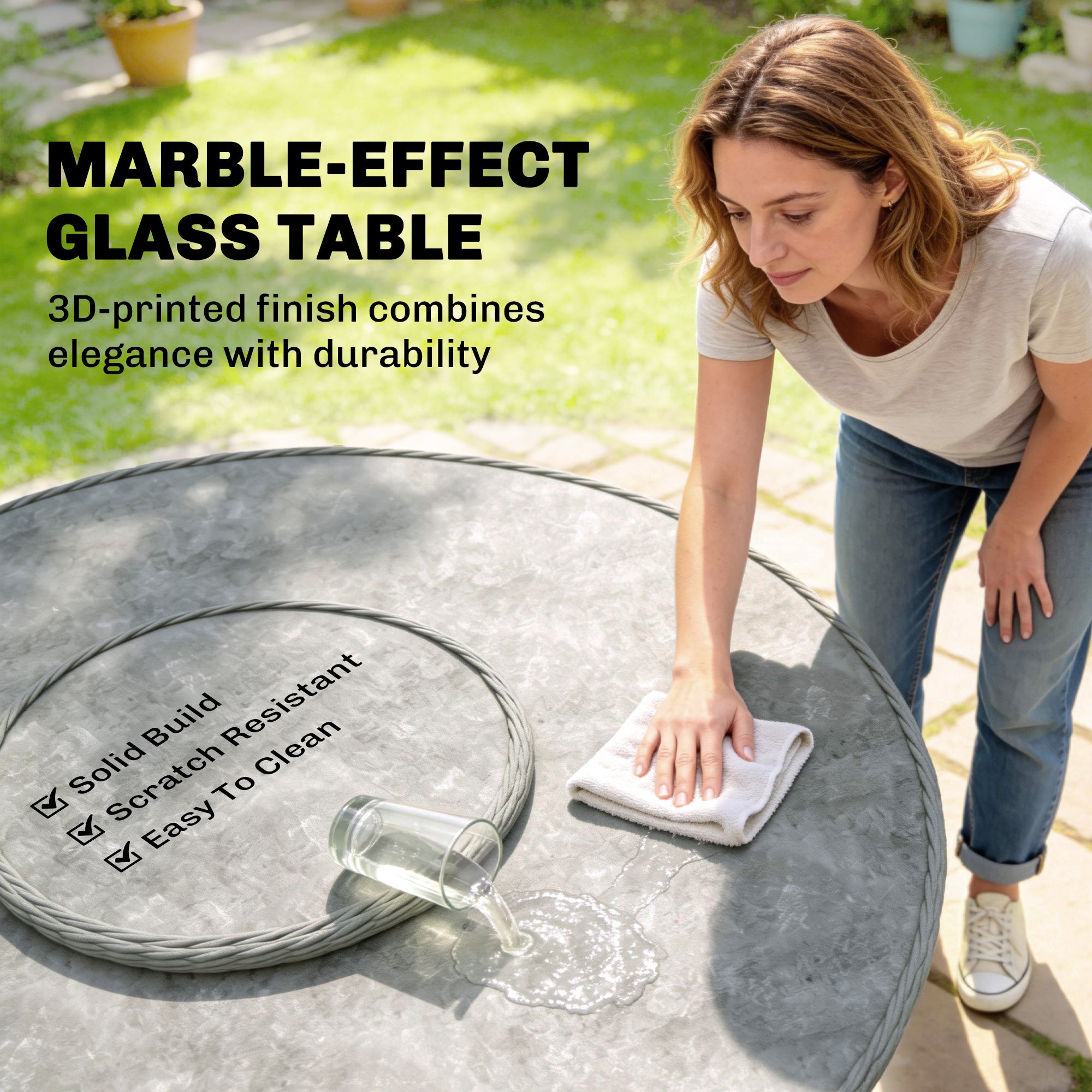 Outsunny Rattan Garden Dining Set with Lazy Susan, Marble Effect Glass Round Garden Table and Chairs with Aluminium Frame, Grey