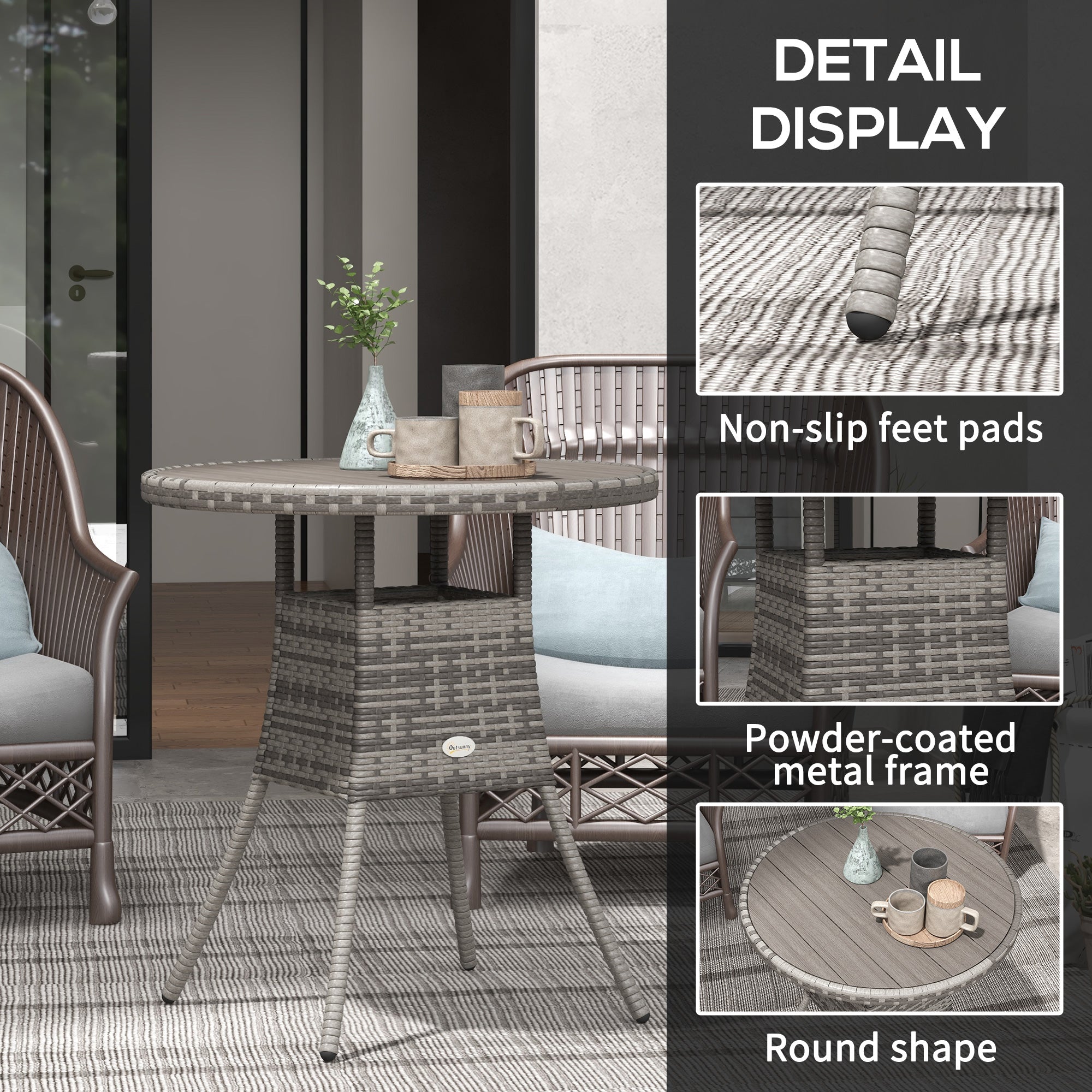 Outsunny 70cm Four-Person Wood-Effect Rattan Table - Grey - North Peak Garden Furniture