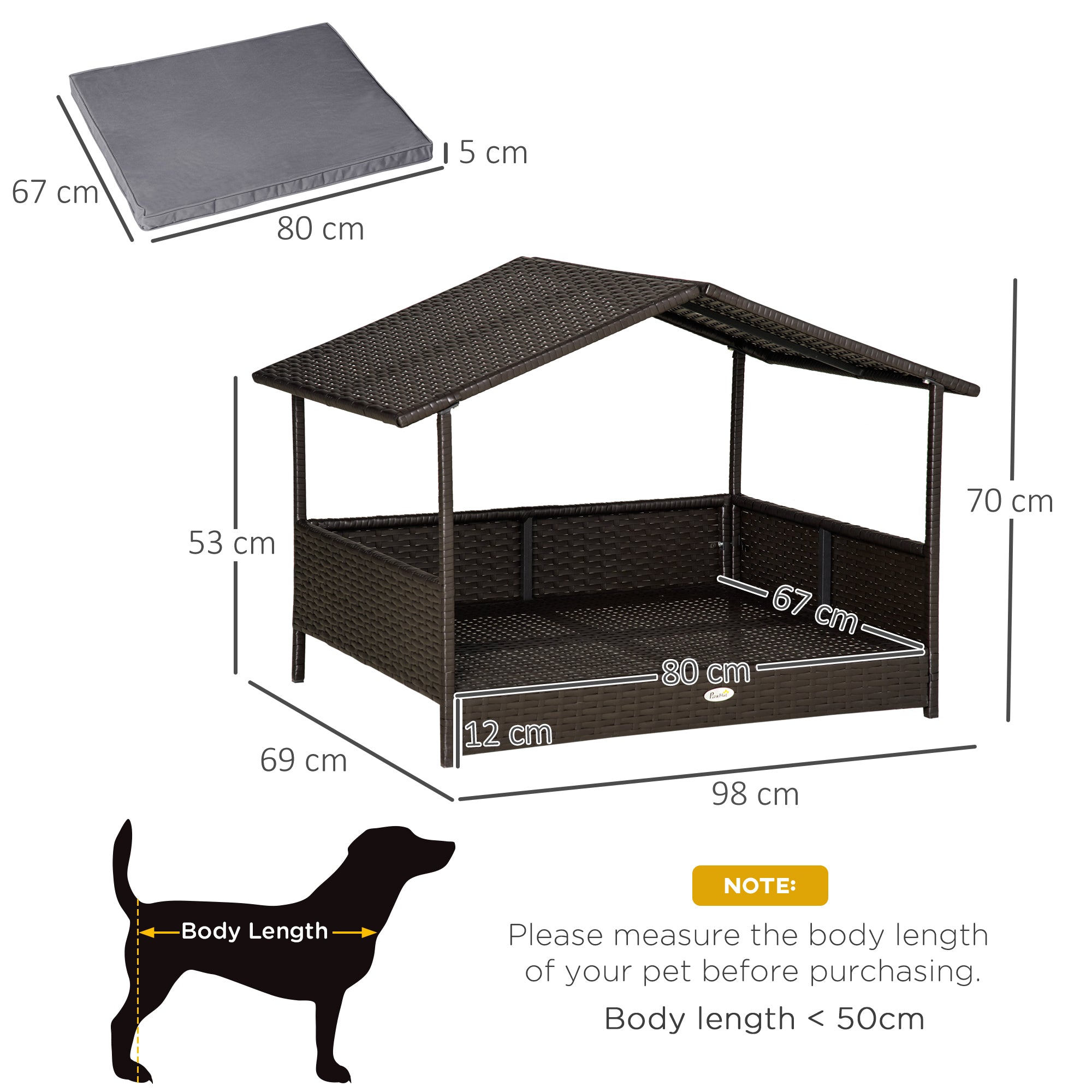 PawHut Wicker Dog Bed, Elevated Rattan Dog House with Removable Cushion and Canopy, for Small and Medium Dogs, 98 x 69 x 70cm - Grey - North Peak Garden Furniture