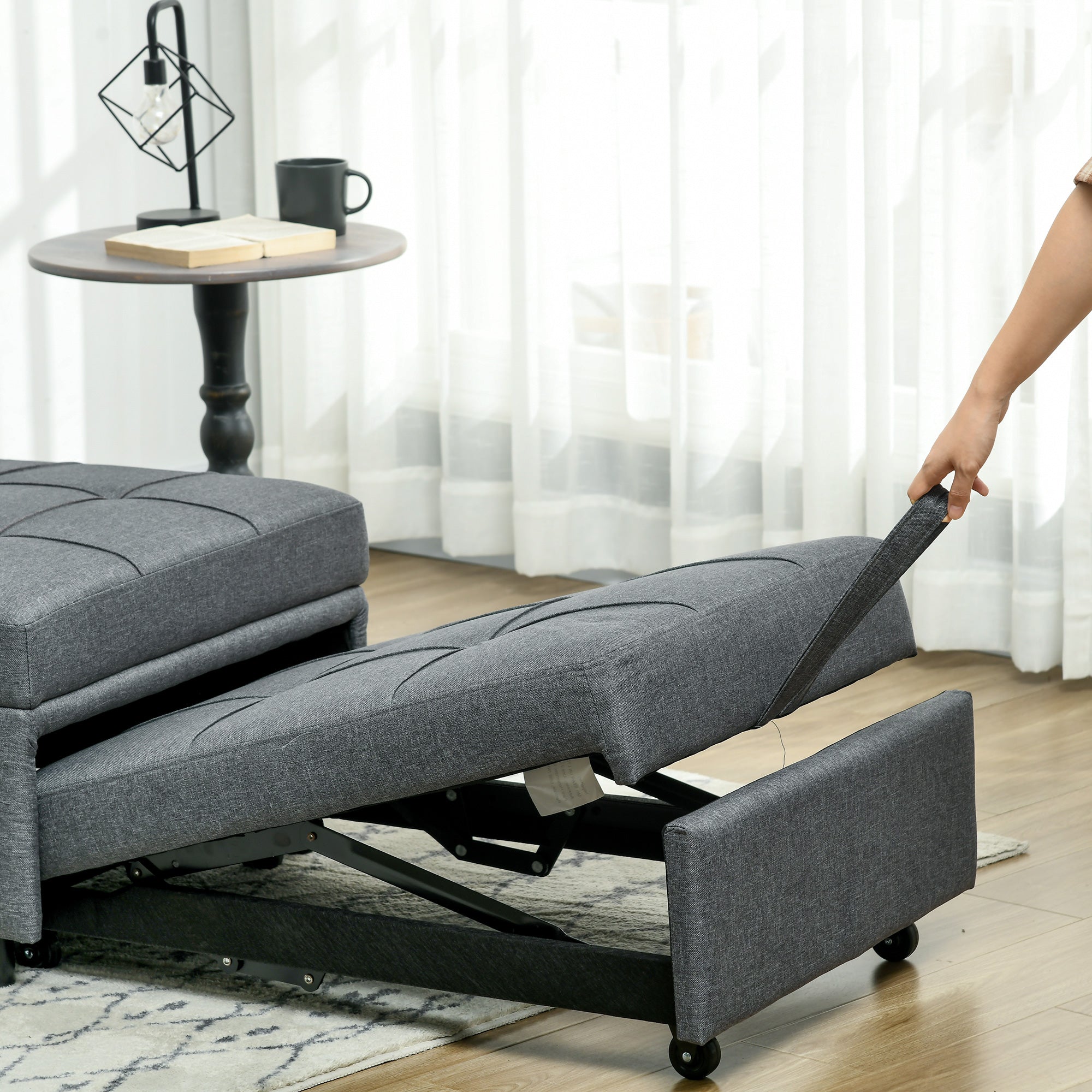 HOMCOM Convertible Chair Bed with Padding Seat, 4-in-1 Multi-Functional Sleeper Sofa Bed, Recliner with Adjustable Backrest, Side Pocket, Wheels and Pillow, for Living Room, Grey - North Peak Garden Furniture