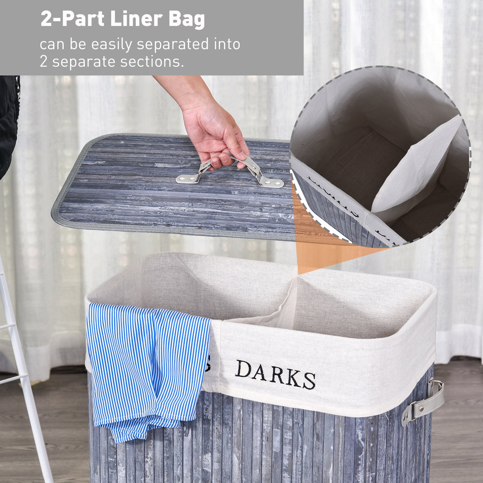 HOMCOM 100L Collapsible Natural Wood Laundry Hamper Organizer Clothes Washing Basket Bin Storage Box w/Lid Removable Lining 52x32x63cm, Grey - North Peak Garden Furniture