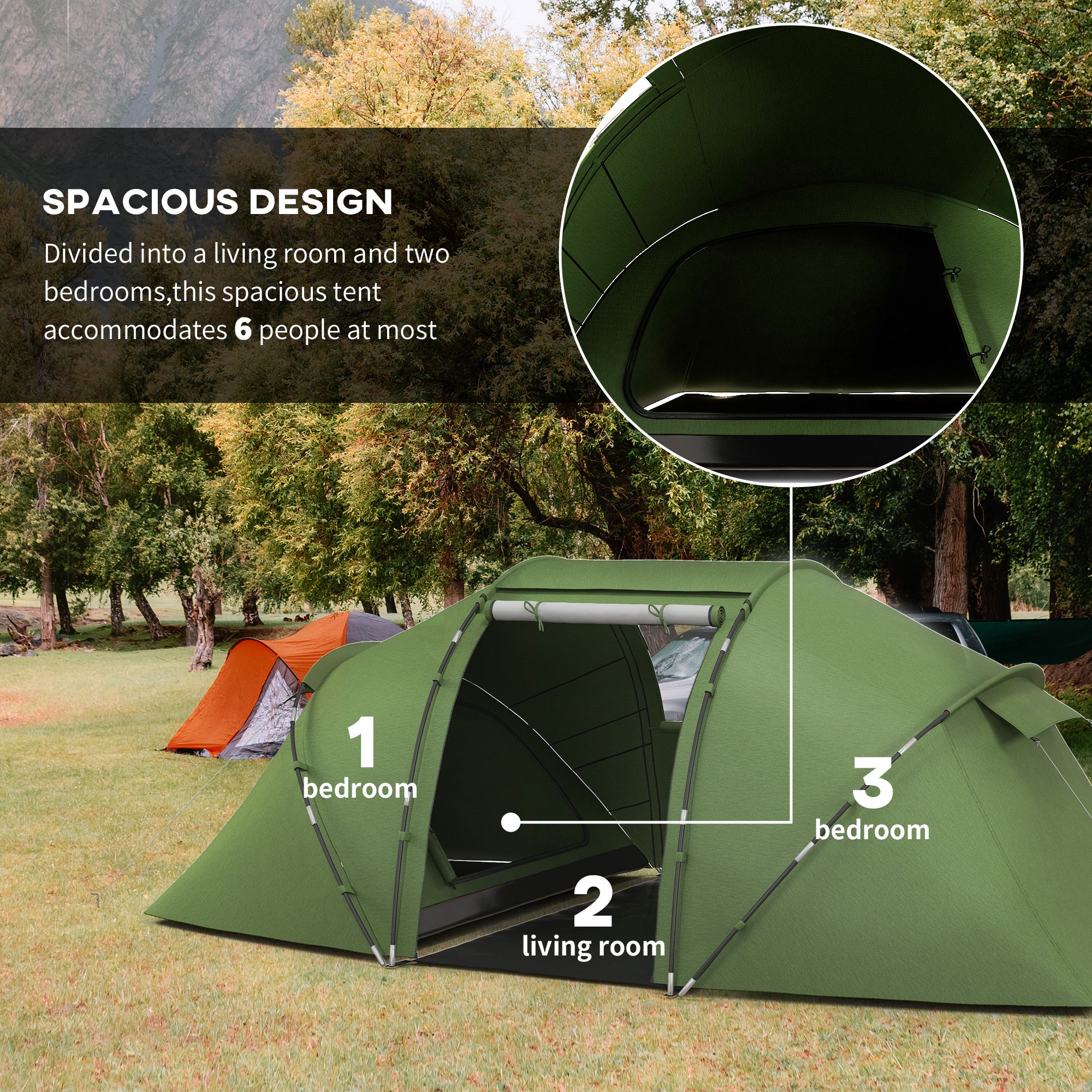 Outsunny 4-6 Man Camping Tent w/ Two Bedroom, Hiking Sun Shelter, UV Protection Tunnel Tent, Dark Green - North Peak Garden Furniture