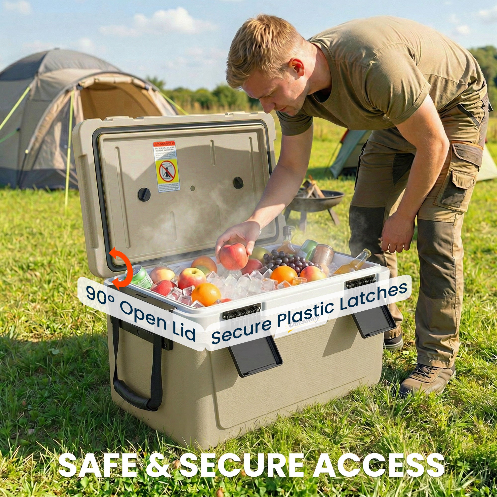 Outsunny 42.6L Insulated Cool Box, Lightweight Portable Ice Cooler with Handle, Lid and Drain Valve, Khaki