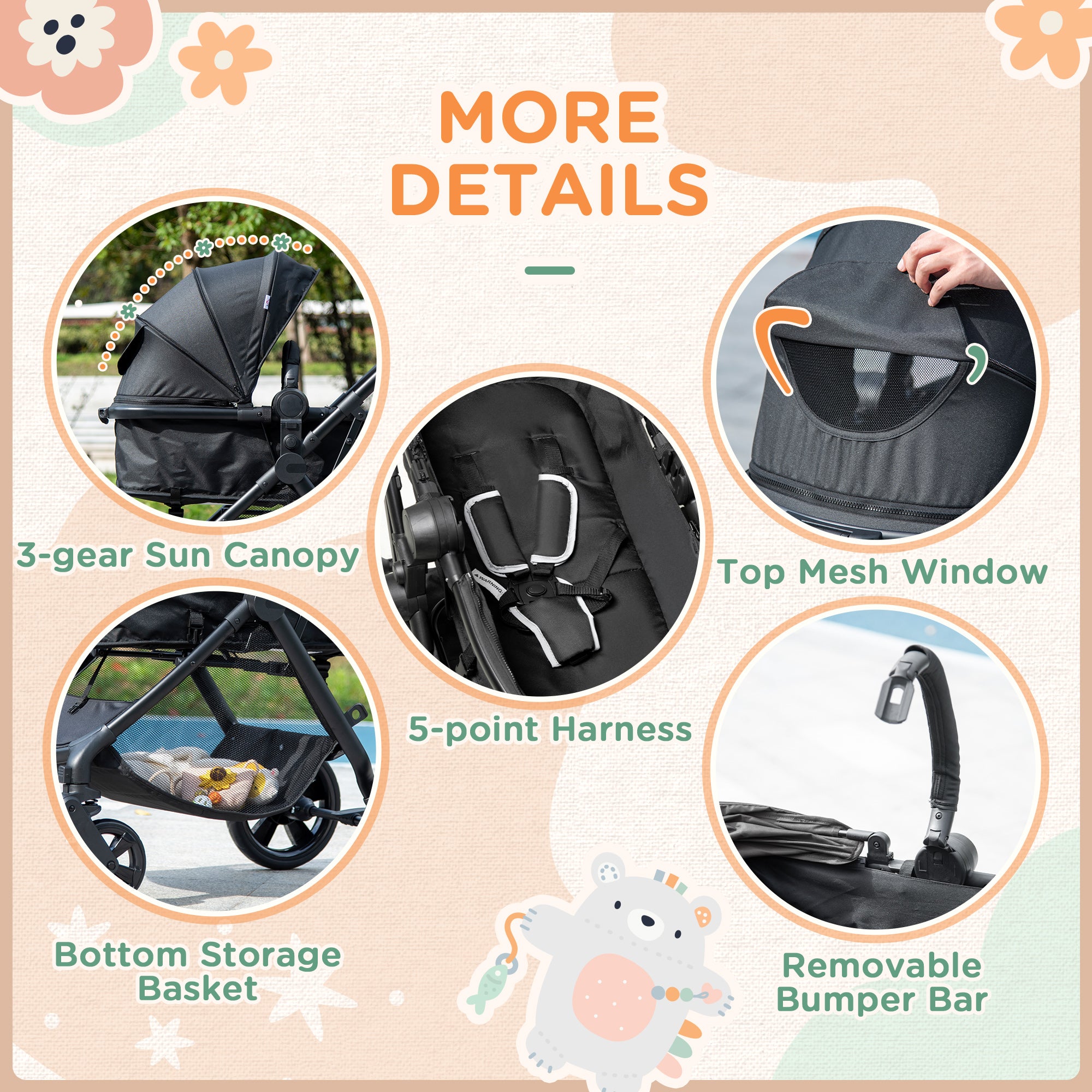 HOMCOM Foldable Baby Stoller, with Reclining Backrest, Adjustable Canopy, for Ages 0-36 Months - Black - North Peak Garden Furniture