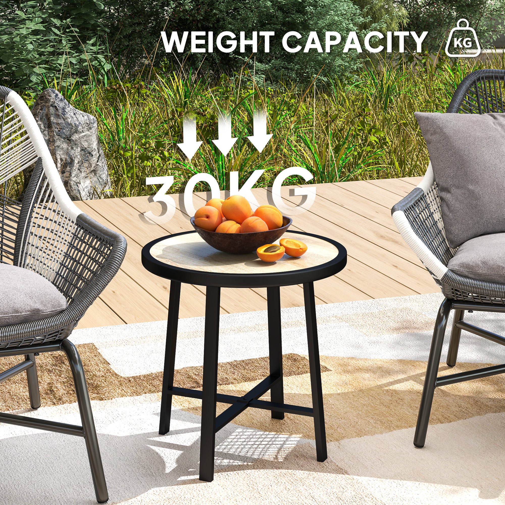 Outsunny Round Small Garden Table, 50.5cm Outdoor Side Table with SPC Tabletop, Metal Frame and Anti-slip Foot Pads for Garden, Balcony, Nature Wood Finish - North Peak Garden Furniture