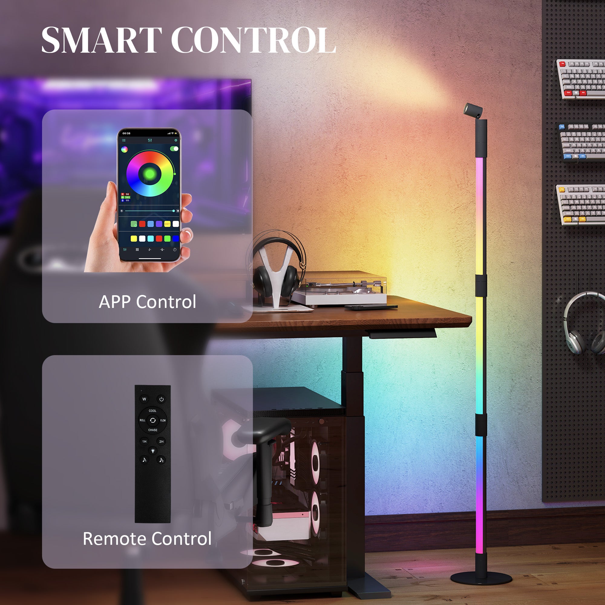 HOMCOM LED Floor Lamp with Reading Light, 360° RGB Detachable Corner Floor Lamp with App & Remote Control, Standing Lamp with Music Sync & Timing, for Living Room, Game Room, Dark Grey - North Peak Garden Furniture