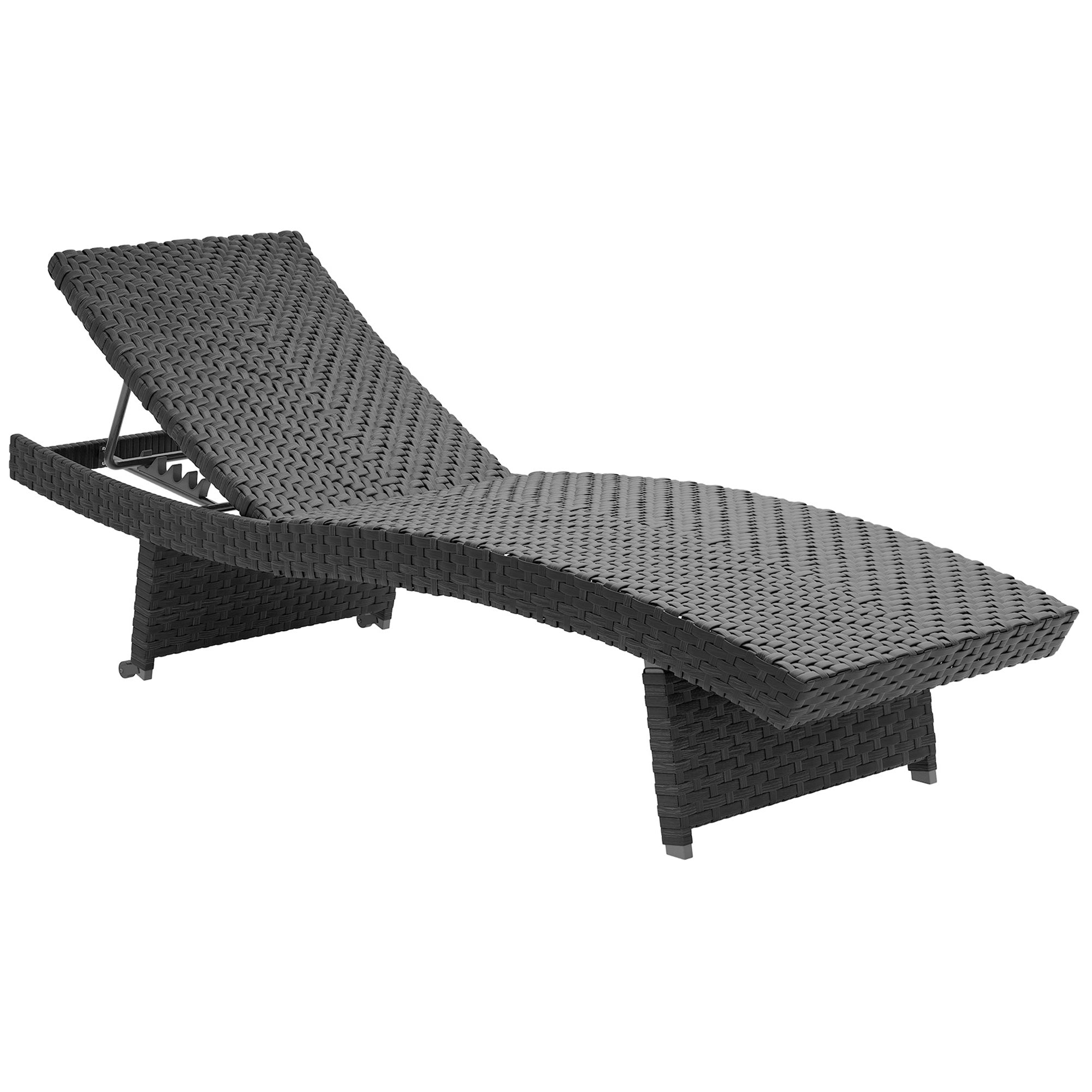 Outsunny Outdoor PE Rattan Sun Lounger, Folding Wicker Garden Lounger Recliner with 4-Level Adjustable Backrest, Rolling Sunbed Lounge Chair with Wheels, Non-Slip Legs for Balcony, Beach, Black