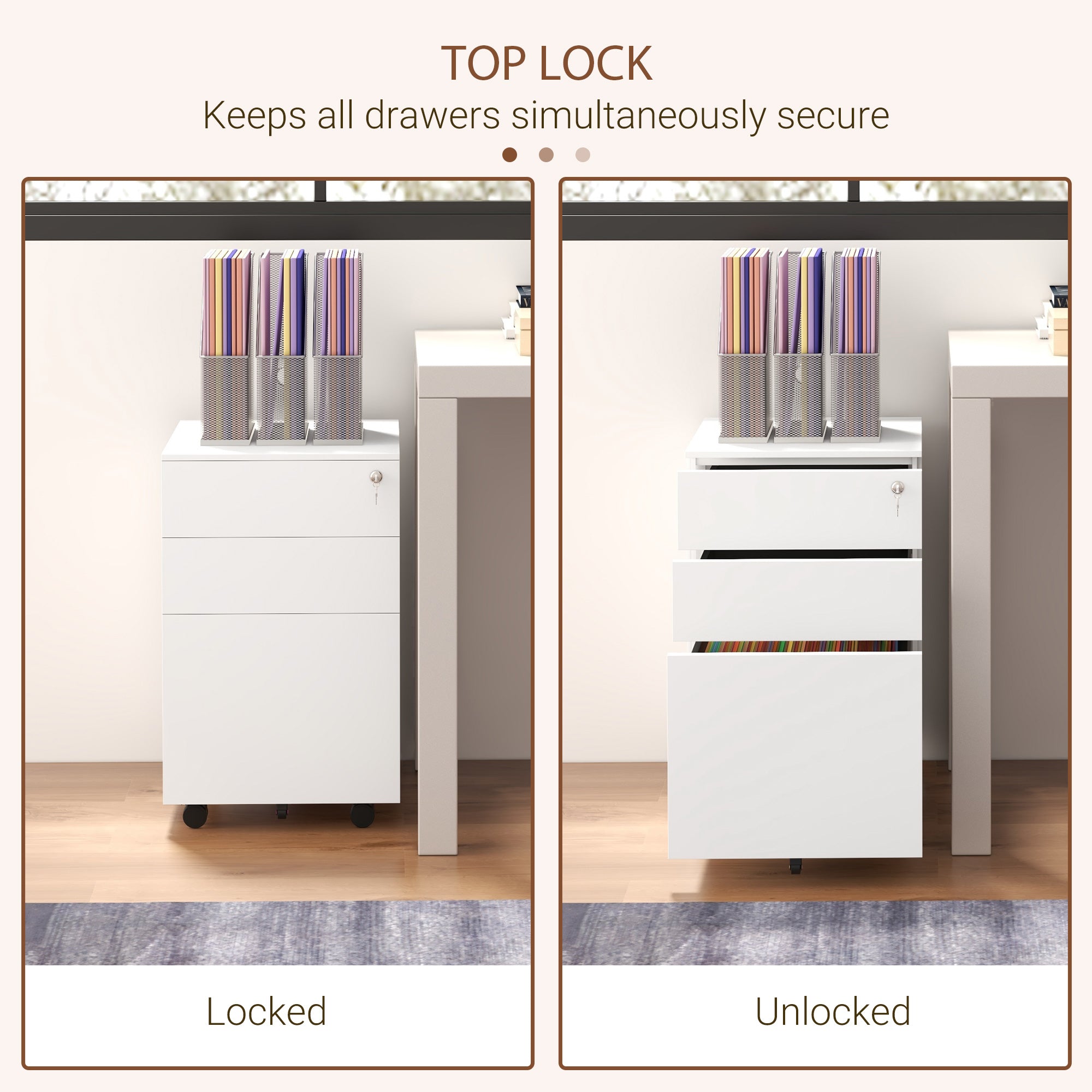 Vinsetto 3-Drawer Vertical Filing Cabinet with Pencil Tray, Lock and 5 Wheels, Steel Mobile File Cabinet, for A4, Legal and Letter Size, Pre-Assembled Body, White - North Peak Garden Furniture