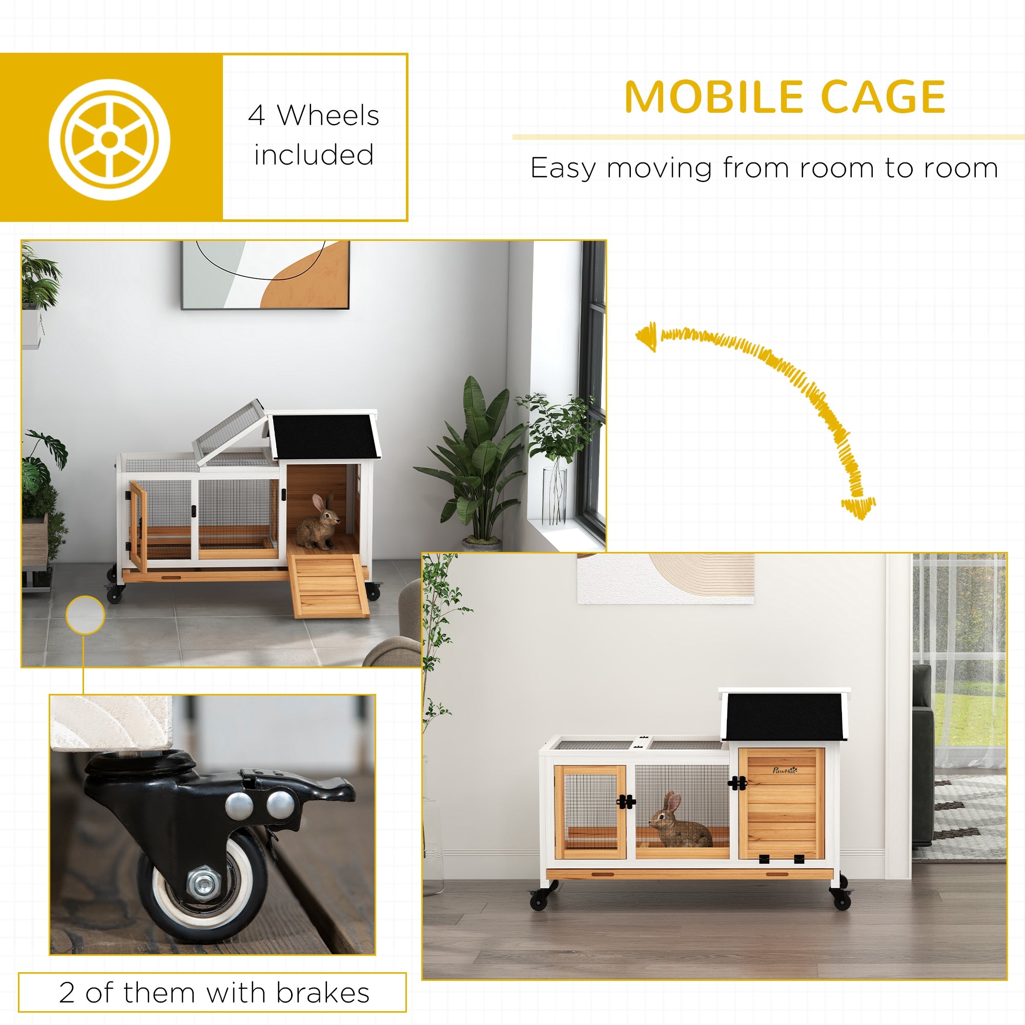 PawHut Wooden Rabbit Hutch, Guinea Pig Cage, with Removable Tray, Wheels - Yellow - North Peak Garden Furniture